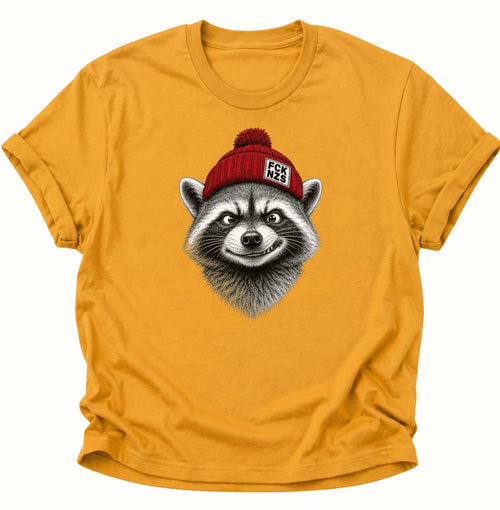Gelbes Anti Nazi T-Shirt mit frechem Waschbär, roter Bommelmütze und klarem Statement gegen Rechts
