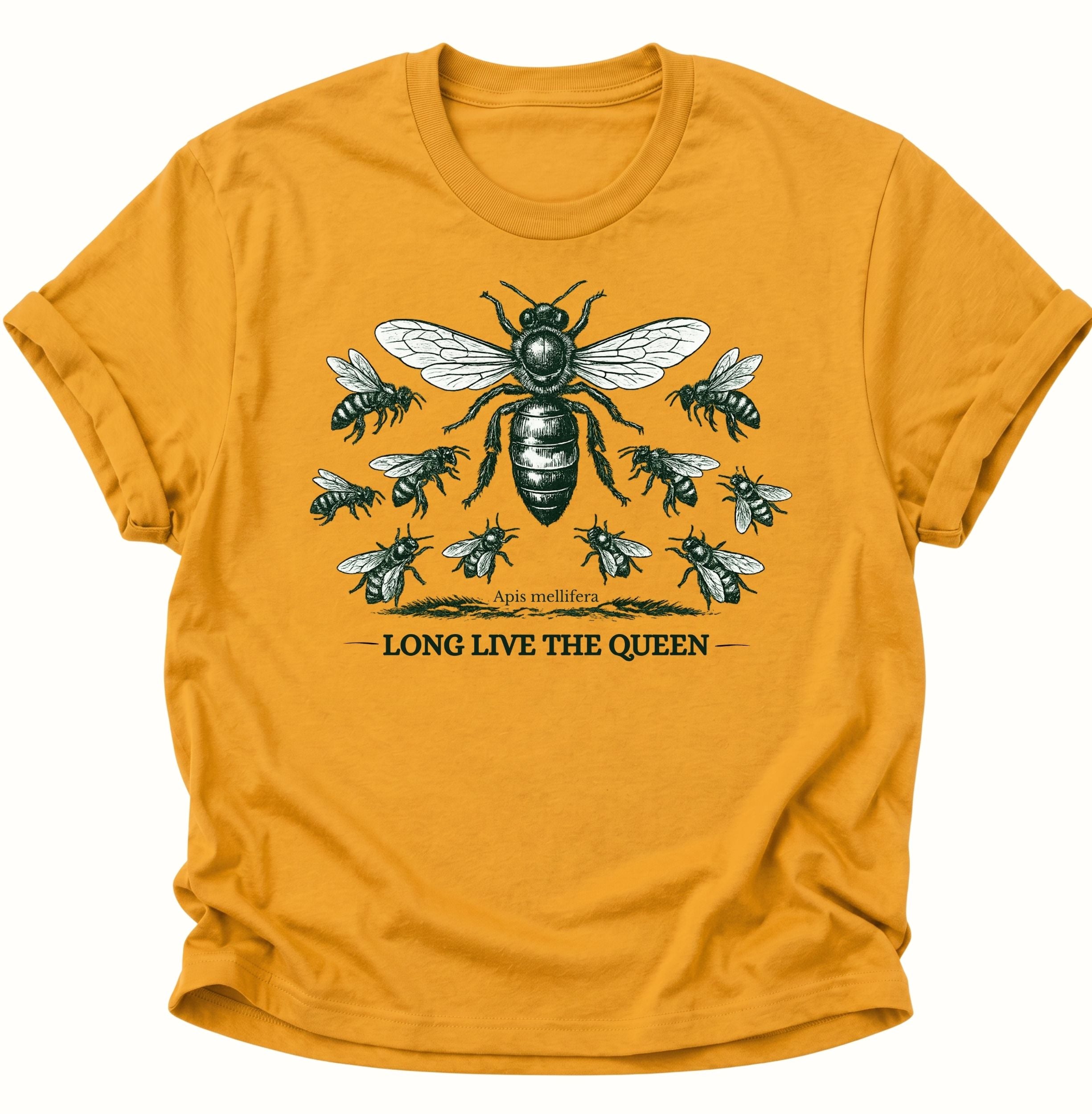 Gelbes Unisex T-Shirt mit detailreicher Bienenkönigin und Vintage-Motiv für Bienenfans von Pine & River.
