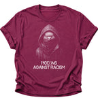 Cardinal red Unisex T-Shirt mit urbaner Taube, Gesichtsbedeckung und Statement-Schriftzug von Pine & River.
