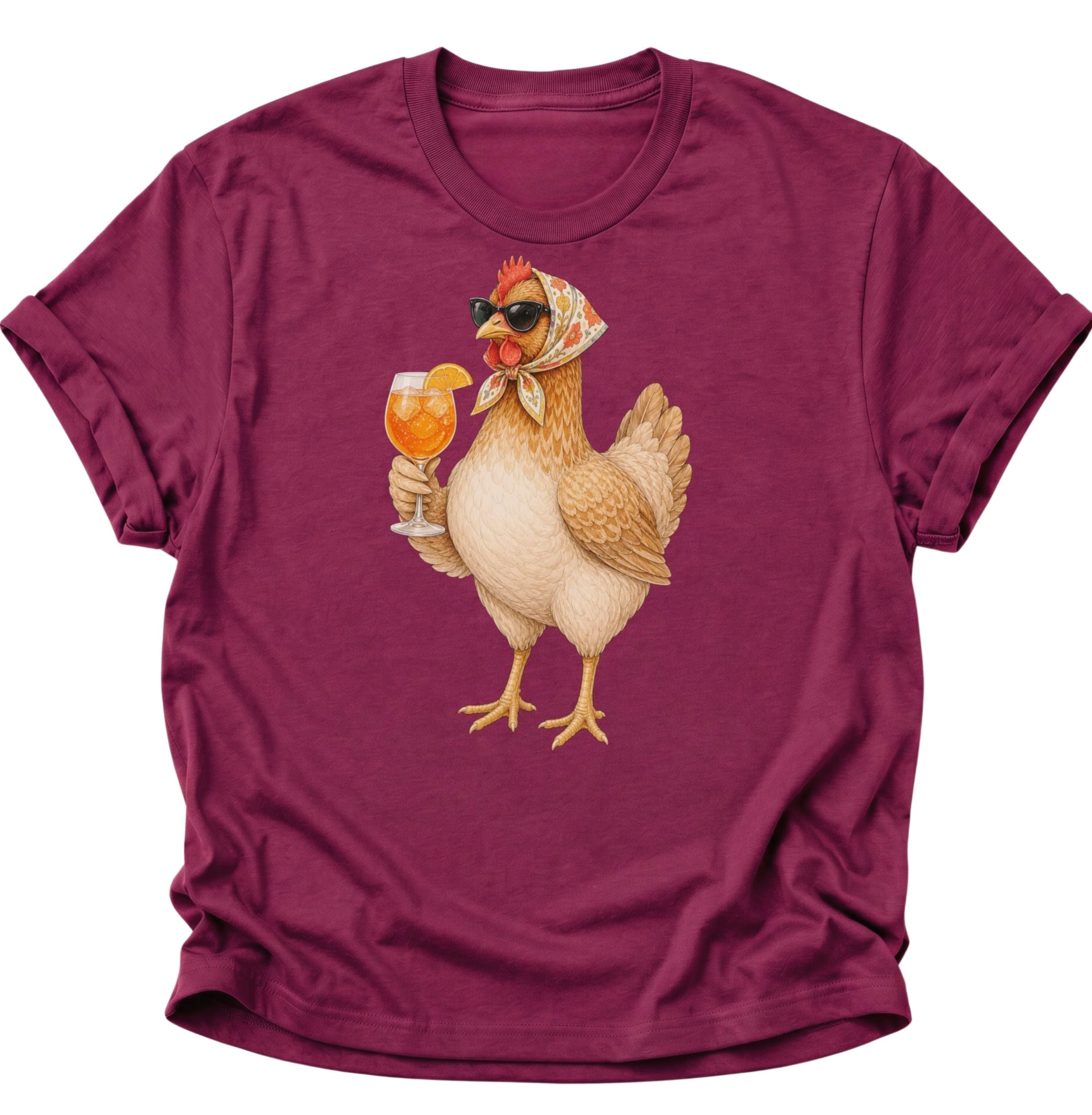 Cardinal red Unisex T-Shirt mit Huhn im geblümten Kopftuch und fruchtigem Cocktailglas von Pine & River.
