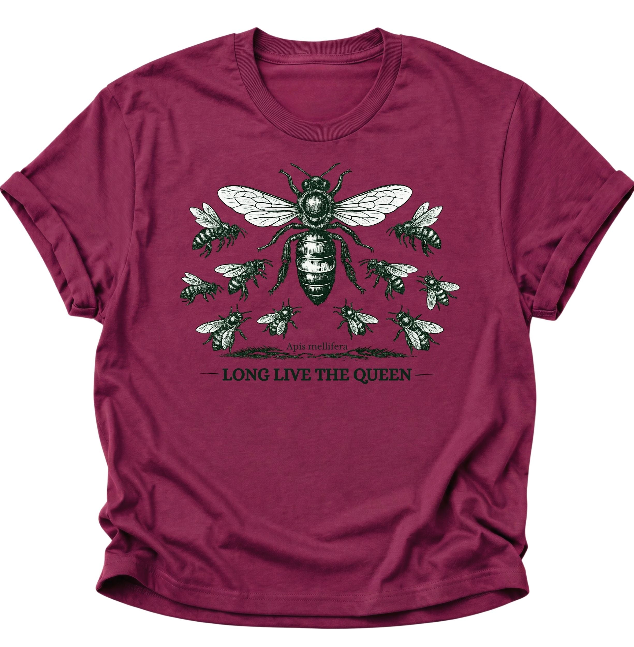 Cardinal red Unisex T-Shirt mit Bienenkönigin, fliegenden Bienen und „Apis mellifera“ von Pine & River.
