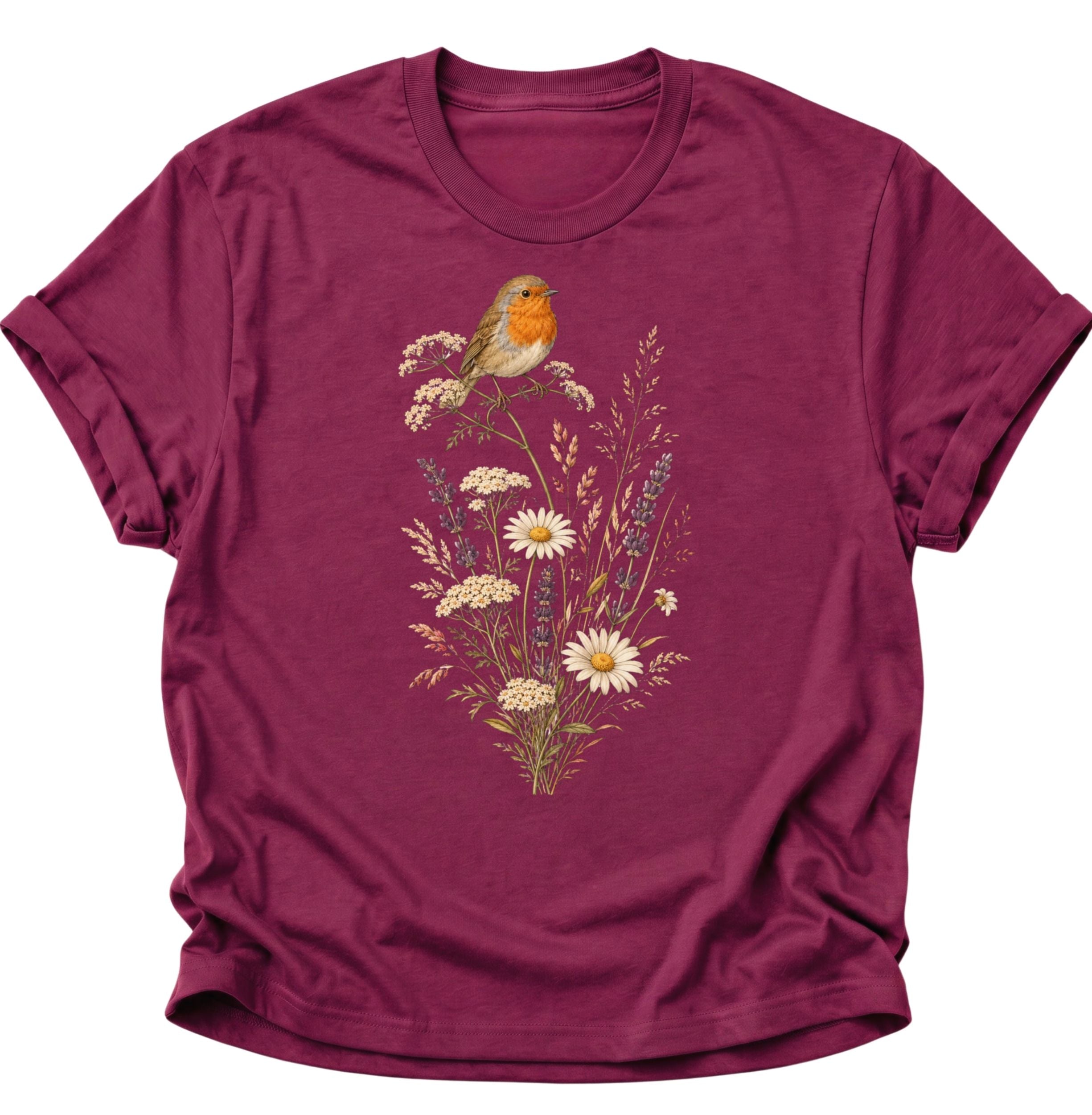 Cardinal red Unisex T-Shirt mit Rotkehlchen auf einem Strauß aus Blüten und Gräsern von Pine & River.
