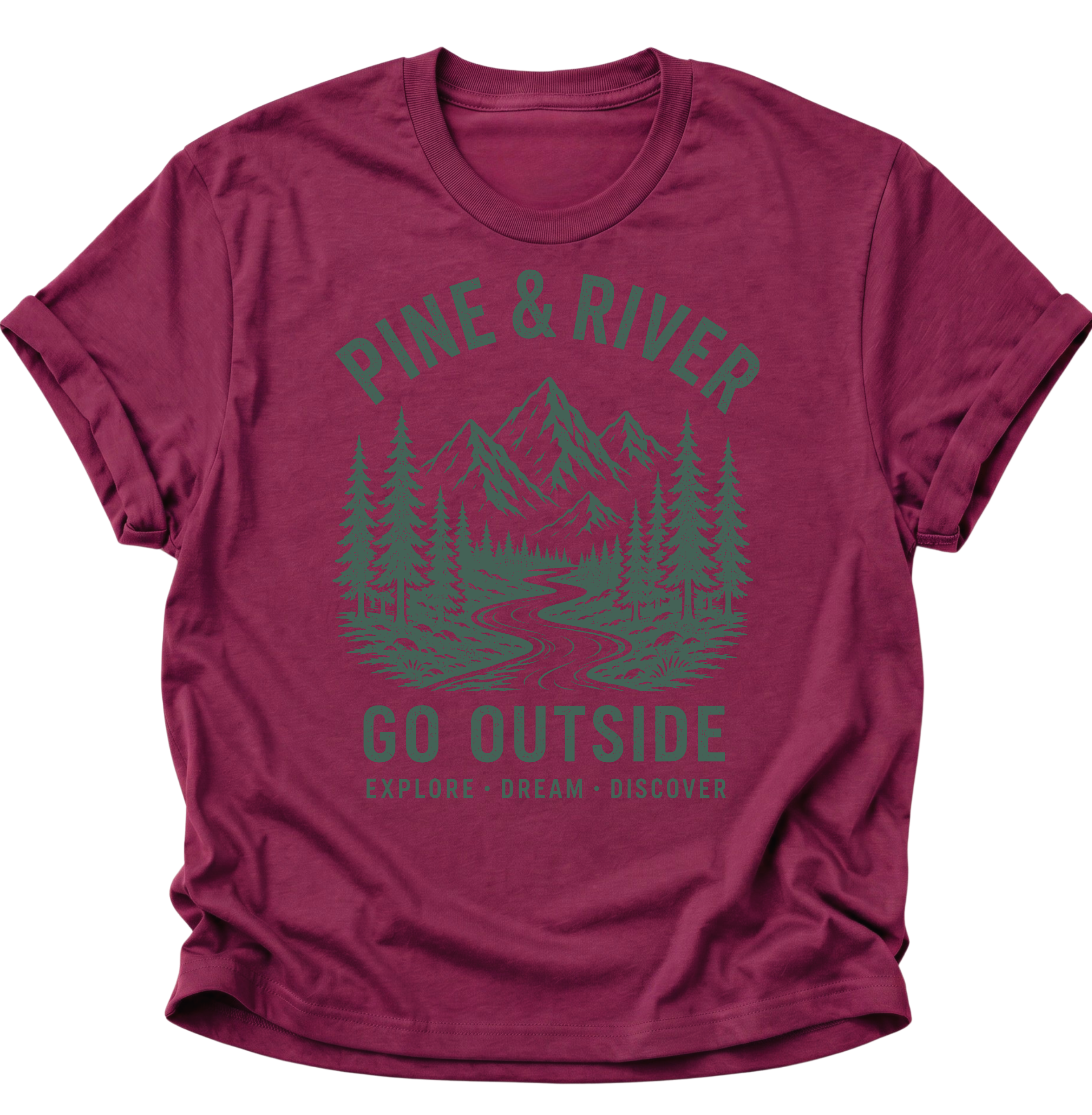 Unisex T-Shirt in Cardinal red mit „Explore · Dream · Discover“ und Berglandschaft von Pine & River.
