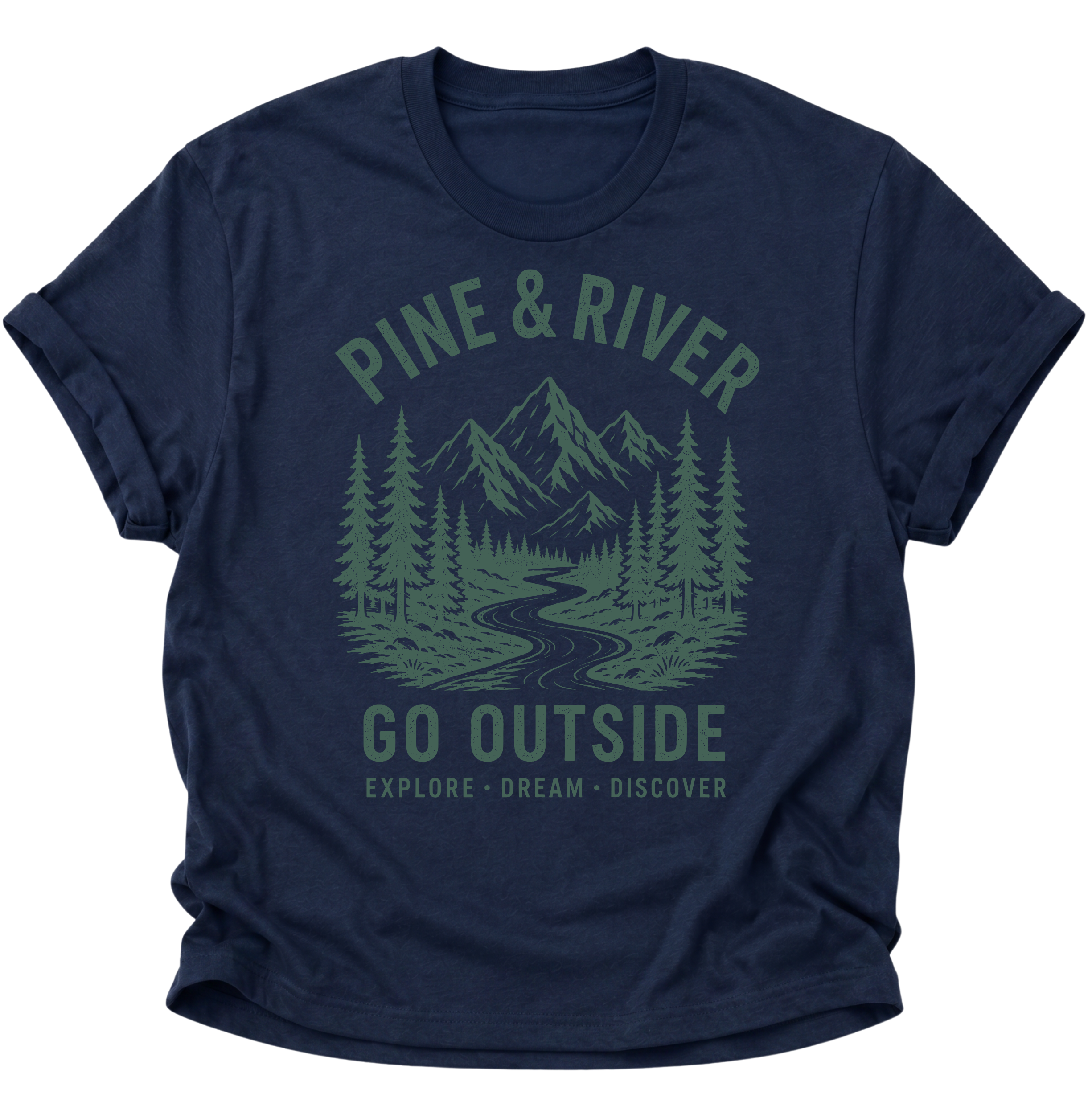 Unisex T-Shirt in Navy Blue mit Berg- und Waldmotiv für Camping- und Outdoor-Fans von Pine & River.
