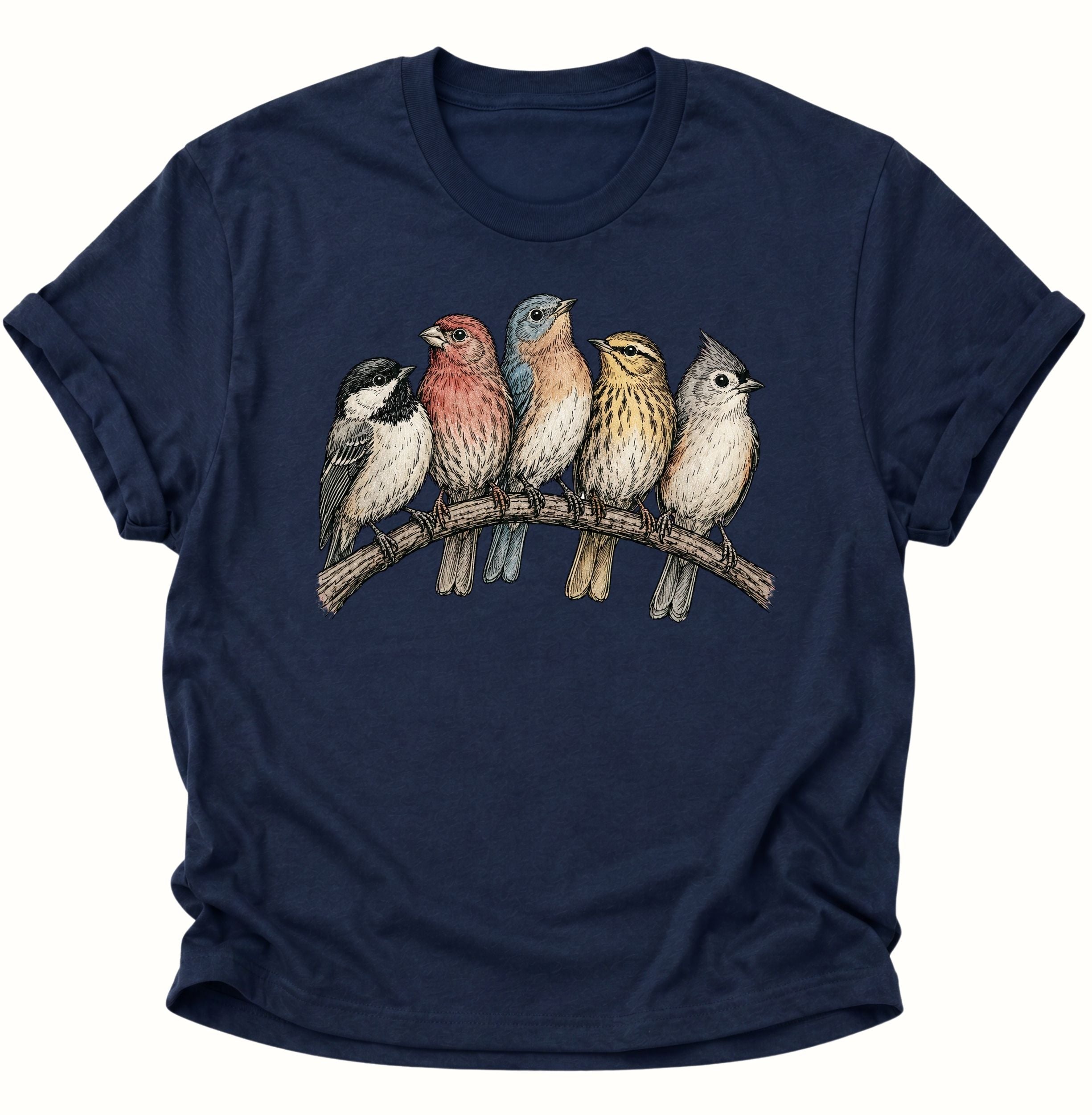 Navy Blue Unisex T-Shirt mit detailreichem Vogelmotiv und fünf Vögeln auf einem Ast von Pine & River.
