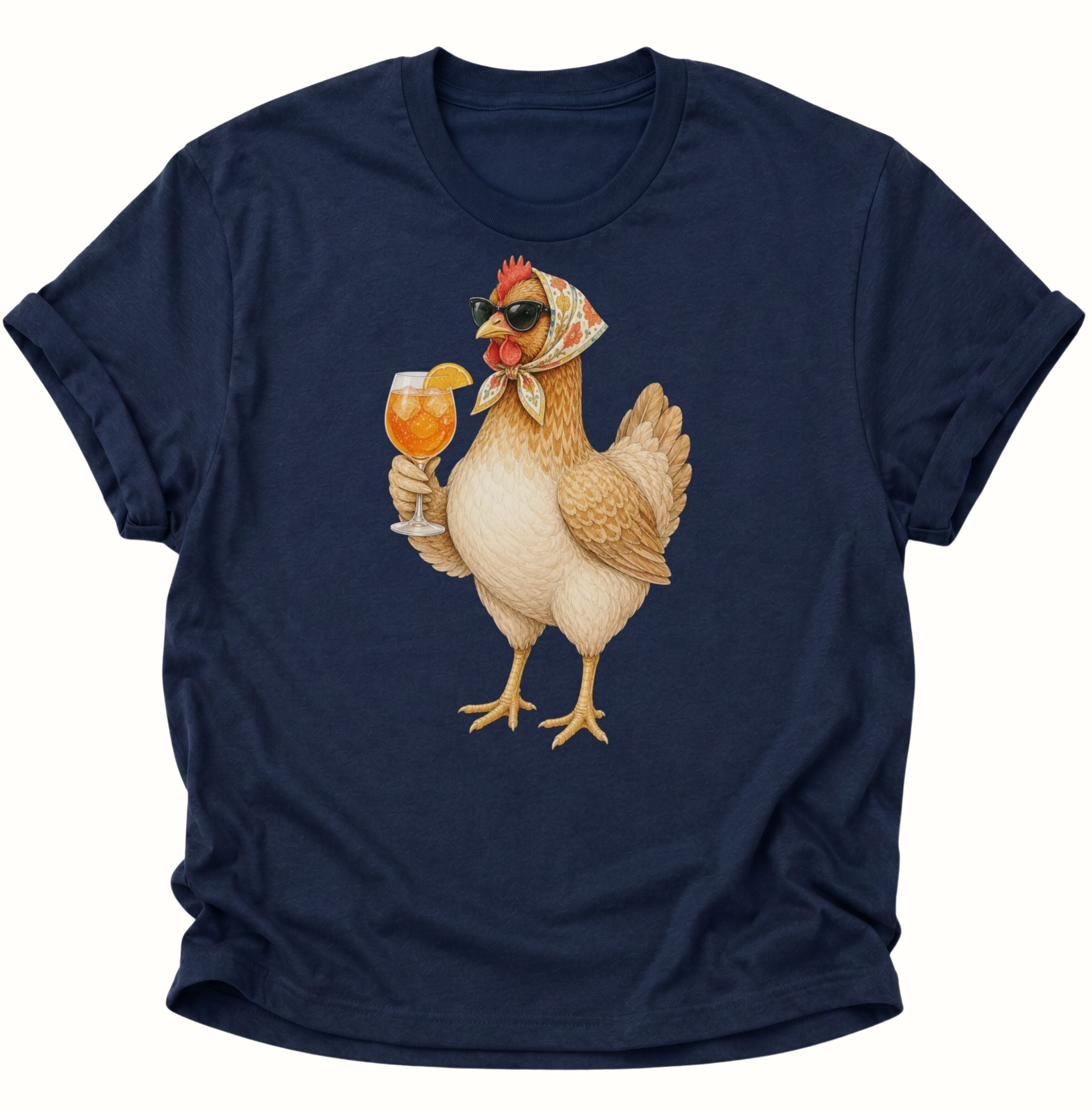 Navy Blue Unisex T-Shirt mit sommerlicher Henne, dunkler Sonnenbrille und orangefarbenem Drink von Pine & River.
