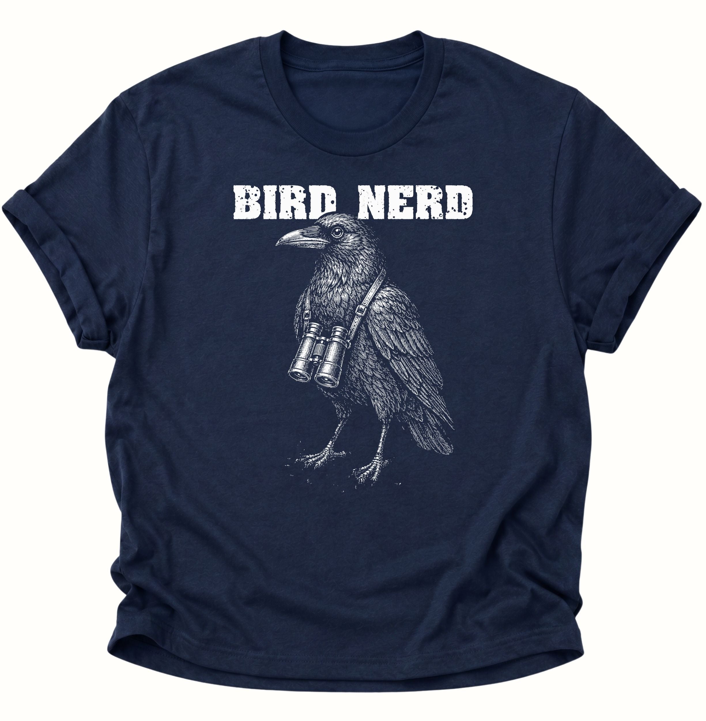 Navy Blue Unisex T-Shirt mit gezeichnetem Rabenvogel und Fernglas für Vogelbeobachter von Pine & River.
