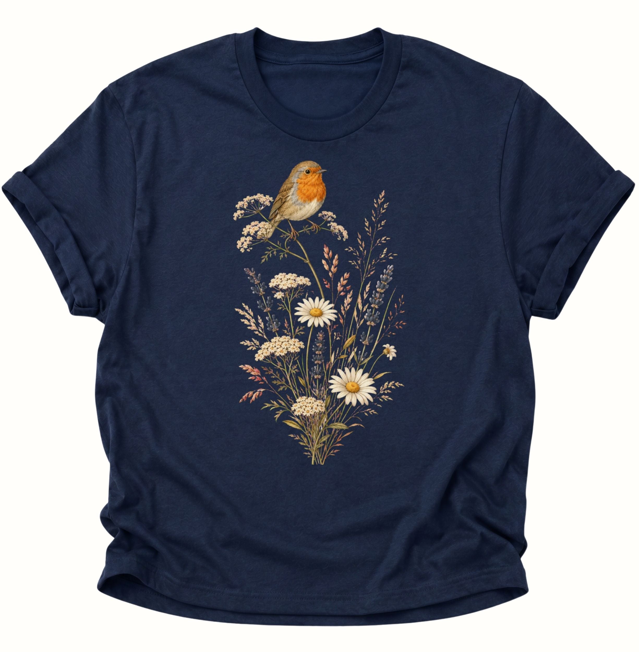 Navy Blue Unisex T-Shirt mit Rotkehlchen und botanischer Blumenillustration von Pine & River.

