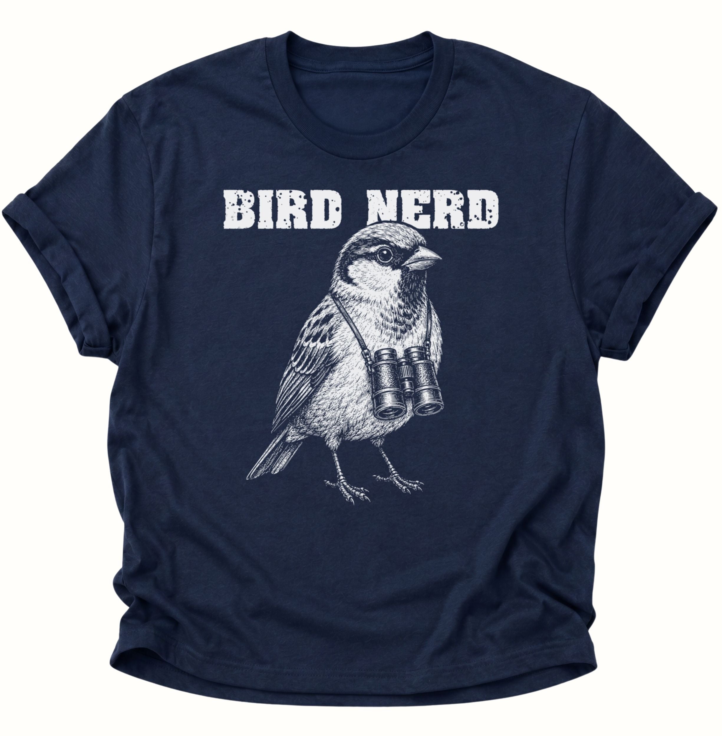 Navy Blue Unisex T-Shirt mit Vogelbeobachter-Motiv und dem Schriftzug „BIRD NERD“ von Pine & River.
