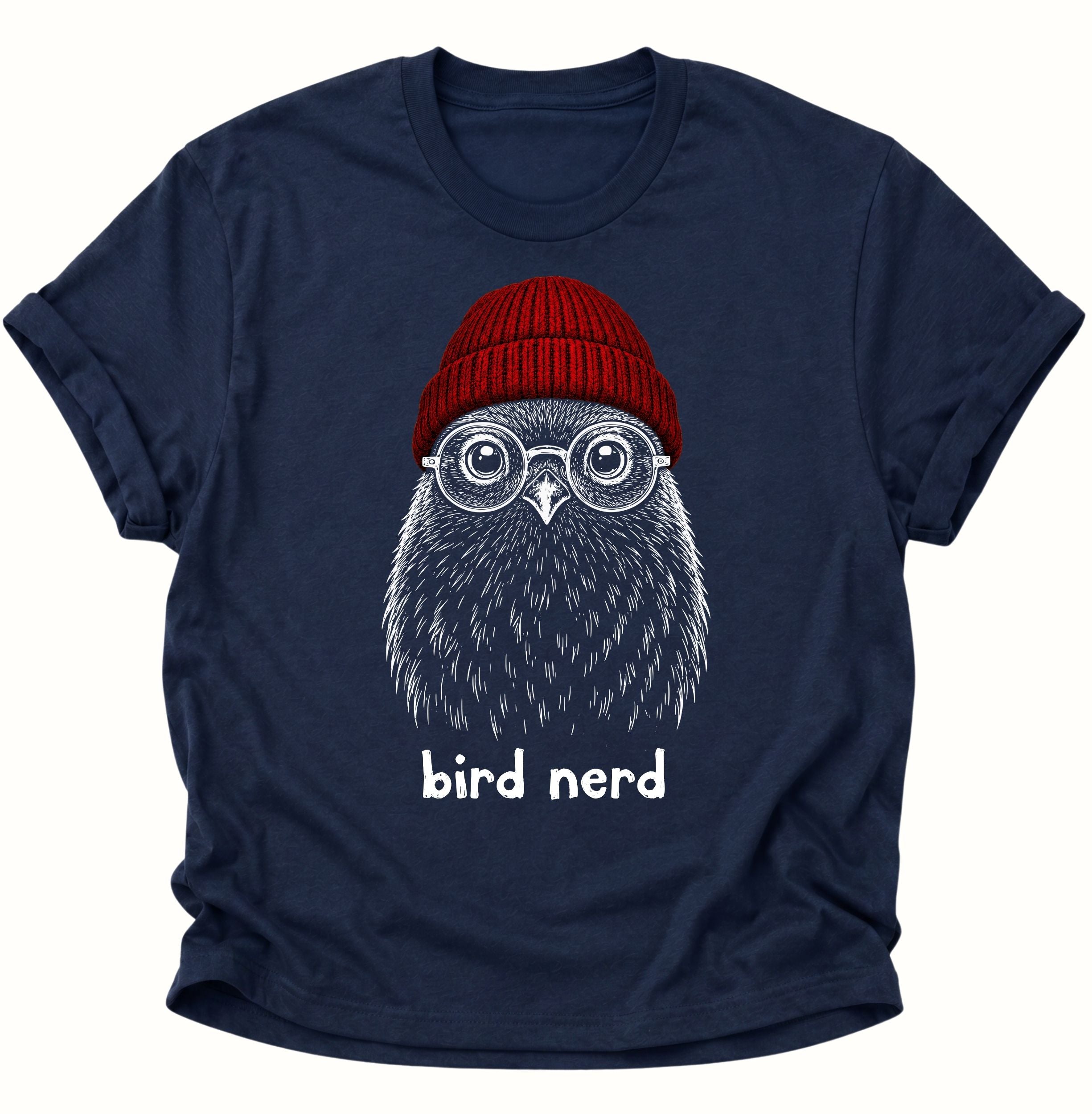 Navy Blue Unisex T-Shirt mit niedlichem Vogel und dem gut lesbaren Schriftzug „bird nerd“ von Pine & River.
