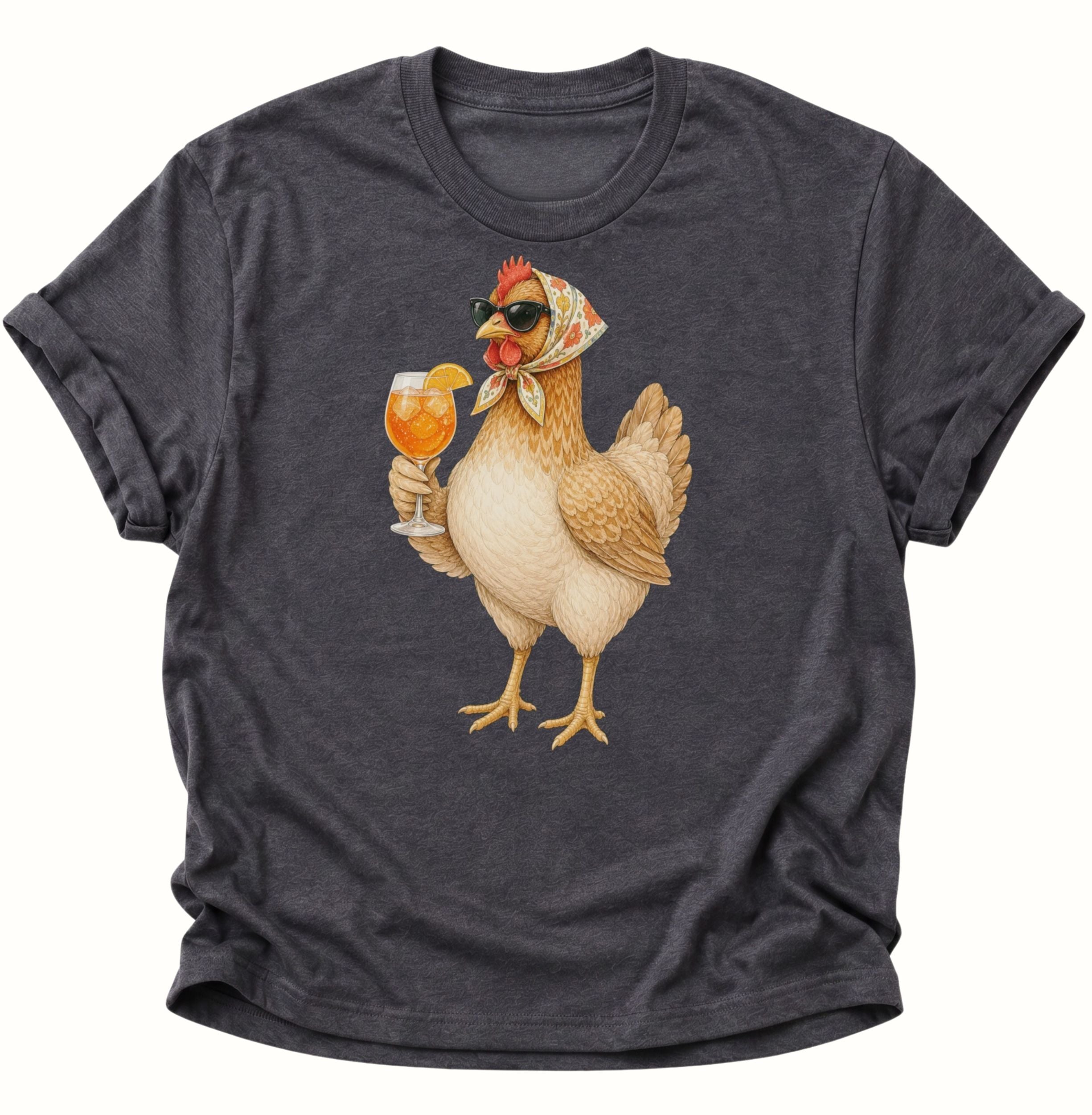 Dark heather Unisex T-Shirt mit cooler Cocktail-Henne und geblümtem Kopftuch von Pine & River.

