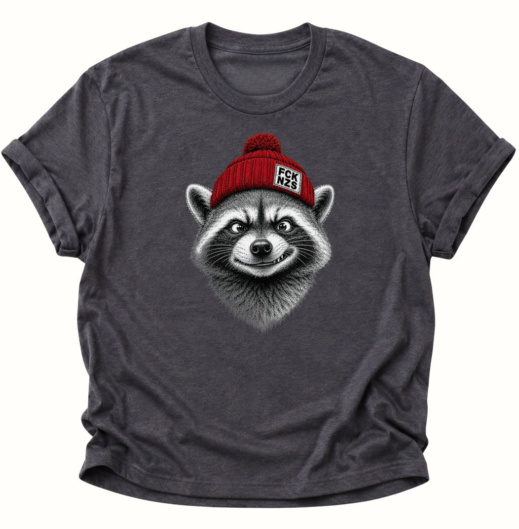 Dark Heather FCK NZS Shirt mit frechem Waschbär, roter Bommelmütze und politischem Statement
