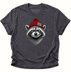 Dark Heather FCK NZS Shirt mit frechem Waschbär, roter Bommelmütze und politischem Statement

