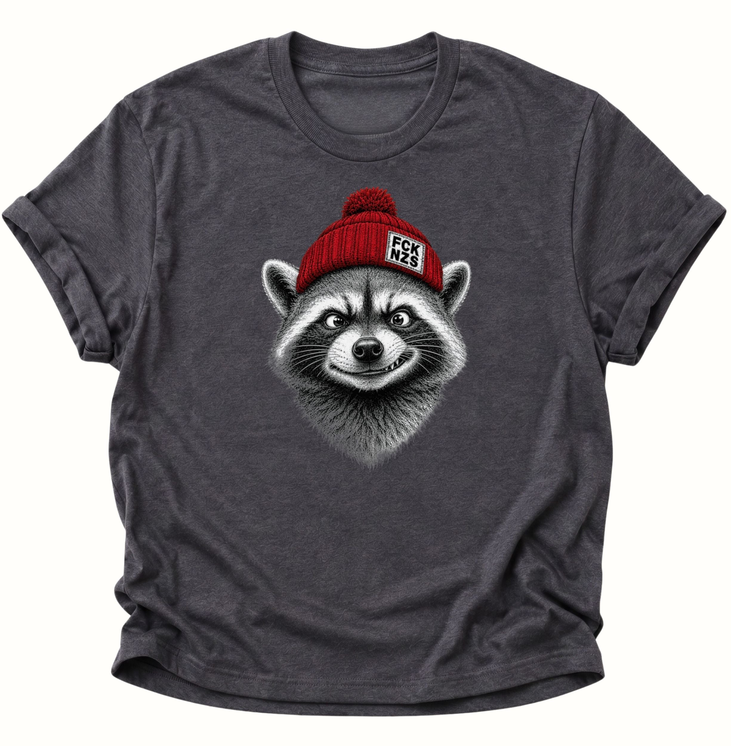 Dark Heather FCK NZS Shirt mit frechem Waschbär, roter Bommelmütze und politischem Statement
