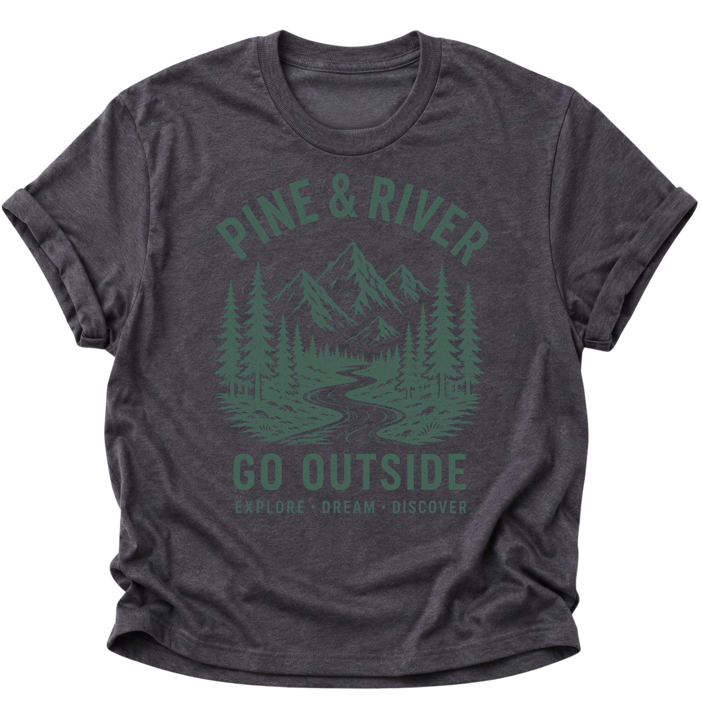 Unisex T-Shirt in Schwarz mit nostalgischem Bergmotiv und Tannenwald für Wanderfans von Pine & River.
