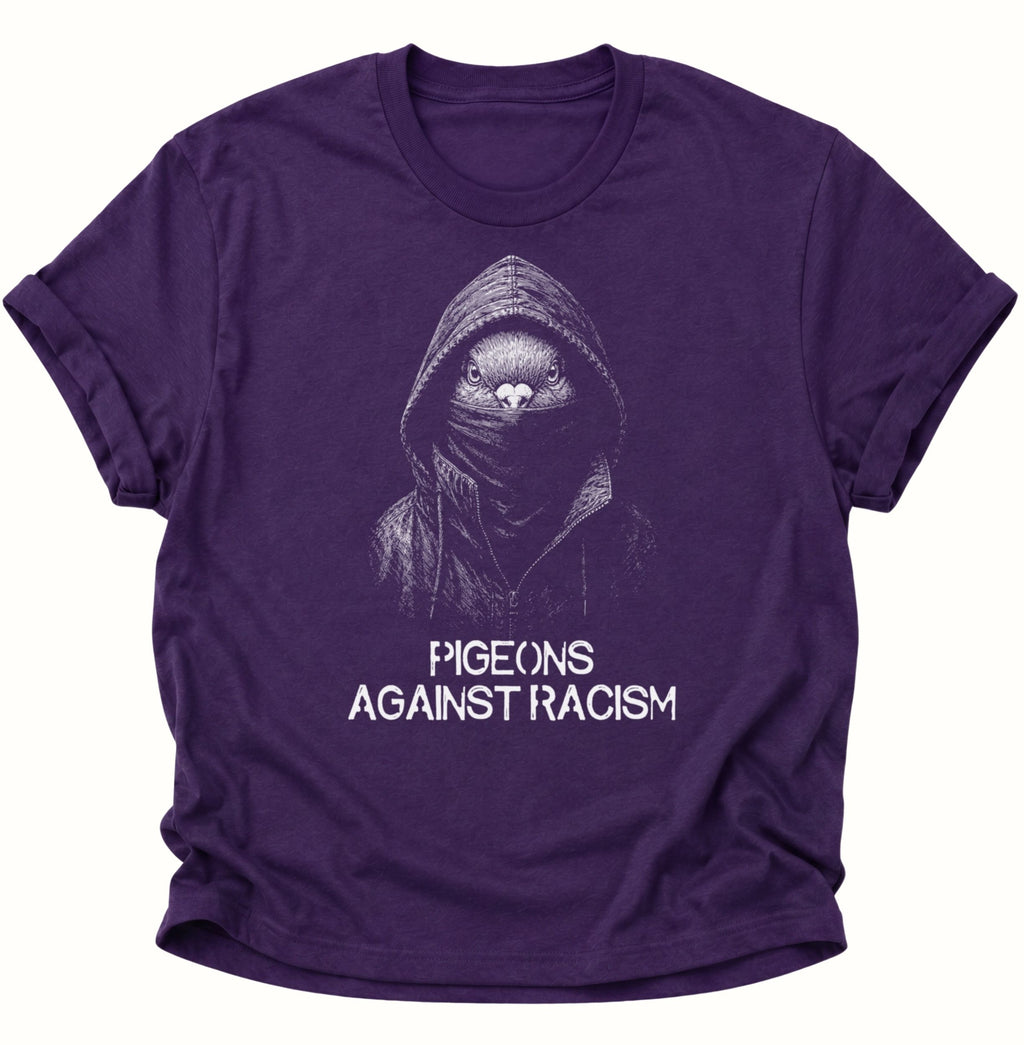 Purple Unisex T-Shirt mit Taube im Hoodie und Botschaft gegen Rassismus von Pine & River.
