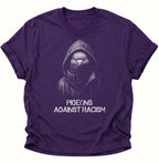 Purple Unisex T-Shirt mit Taube im Hoodie und Botschaft gegen Rassismus von Pine & River.
