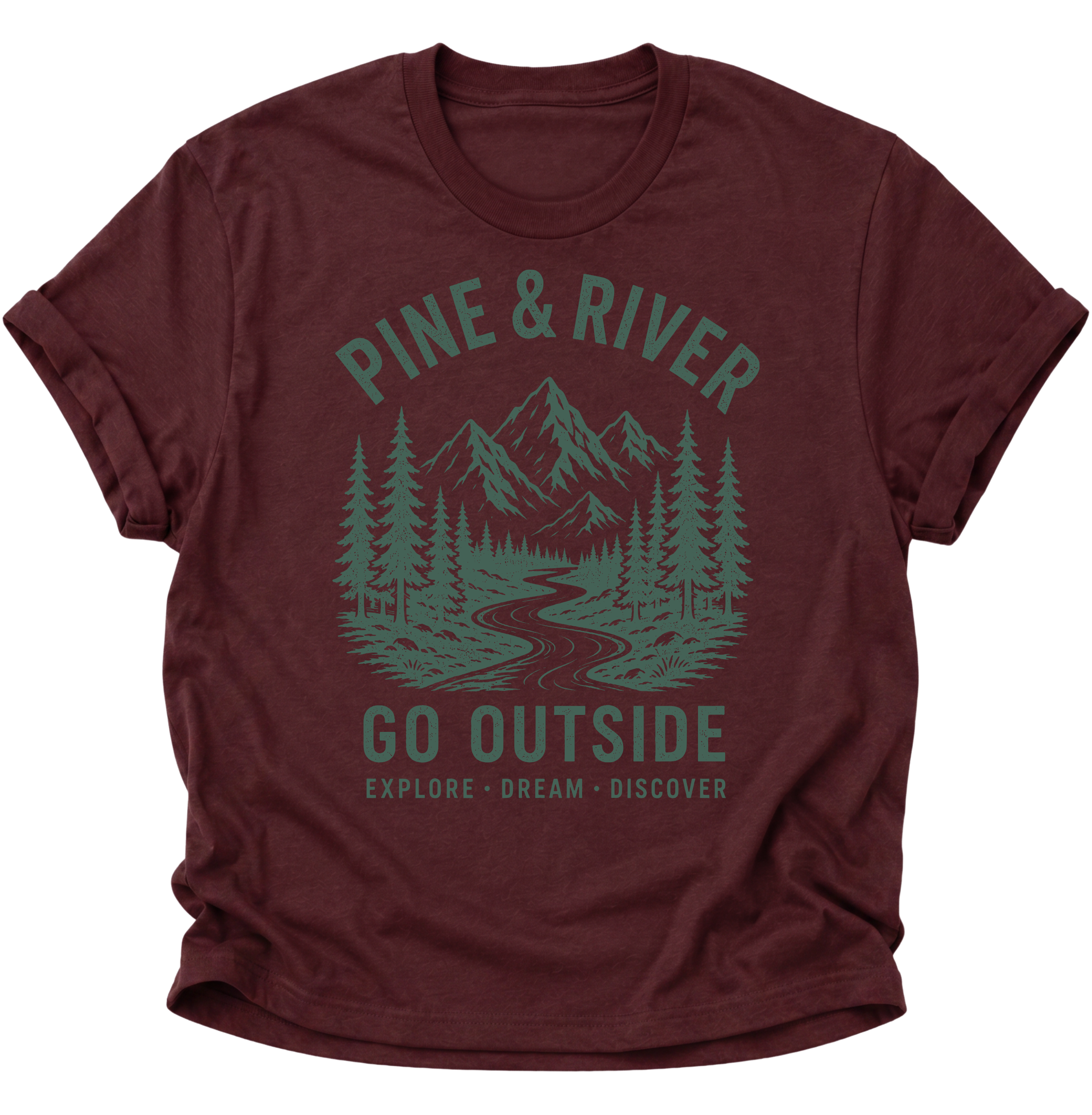 Unisex T-Shirt in Maroon mit Retro-Bergmotiv und Flusslandschaft für Wanderfans von Pine & River.
