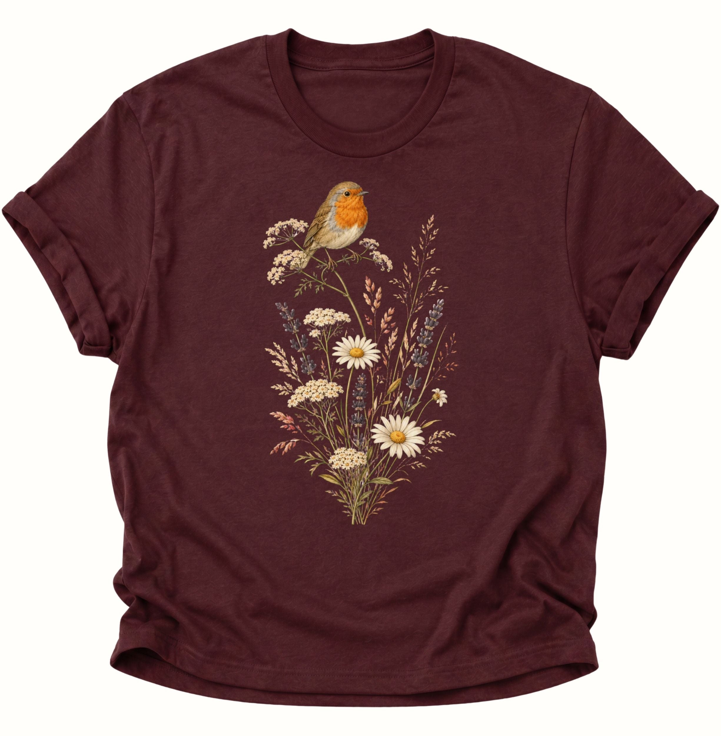 Maroon Unisex T-Shirt mit orangebrüstigem Rotkehlchen und zarten Blütenzweigen von Pine & River.
