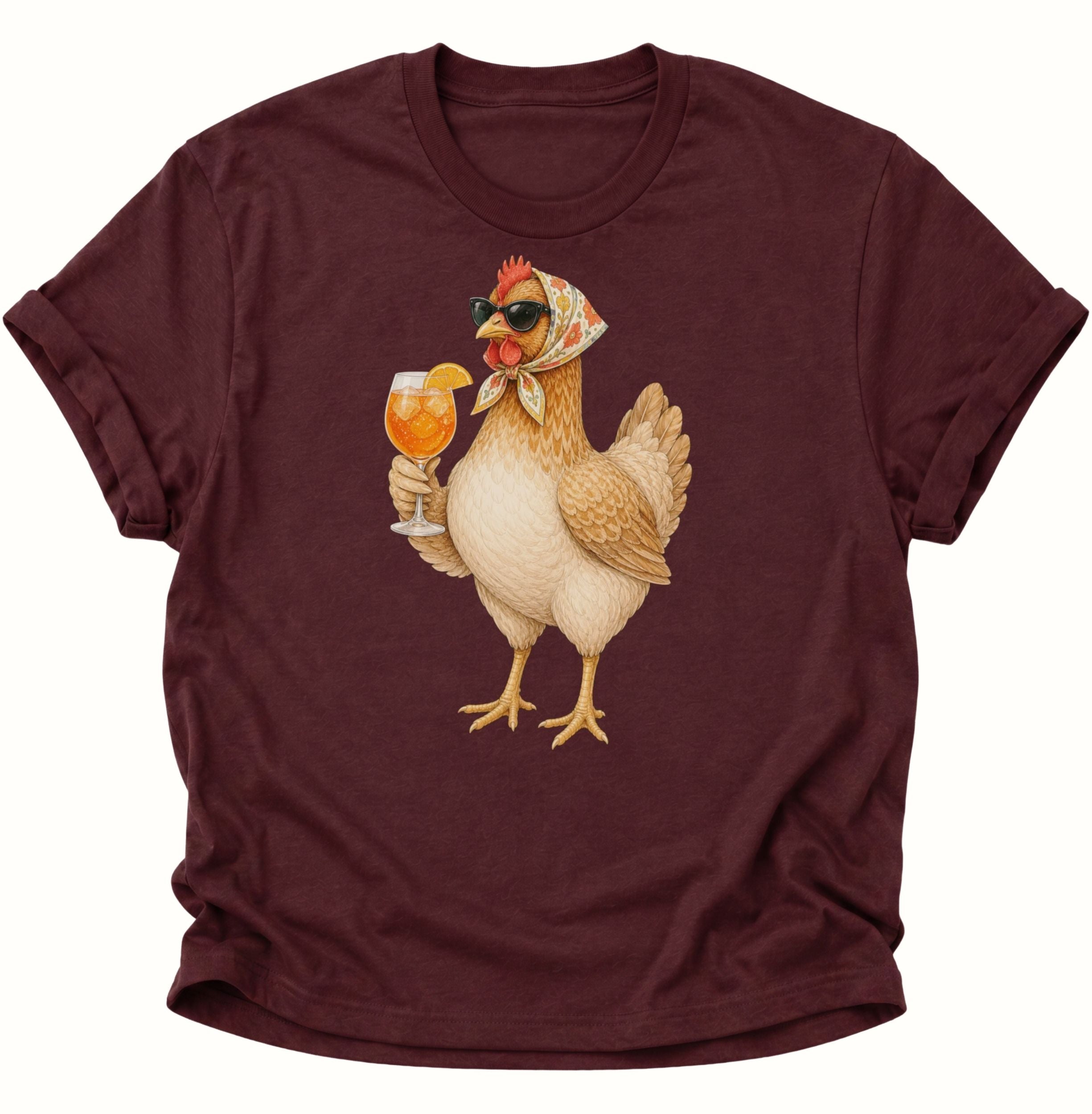Maroon Unisex T-Shirt mit humorvoller Henne, floralem Kopftuch und orangefarbenem Cocktail von Pine & River.
