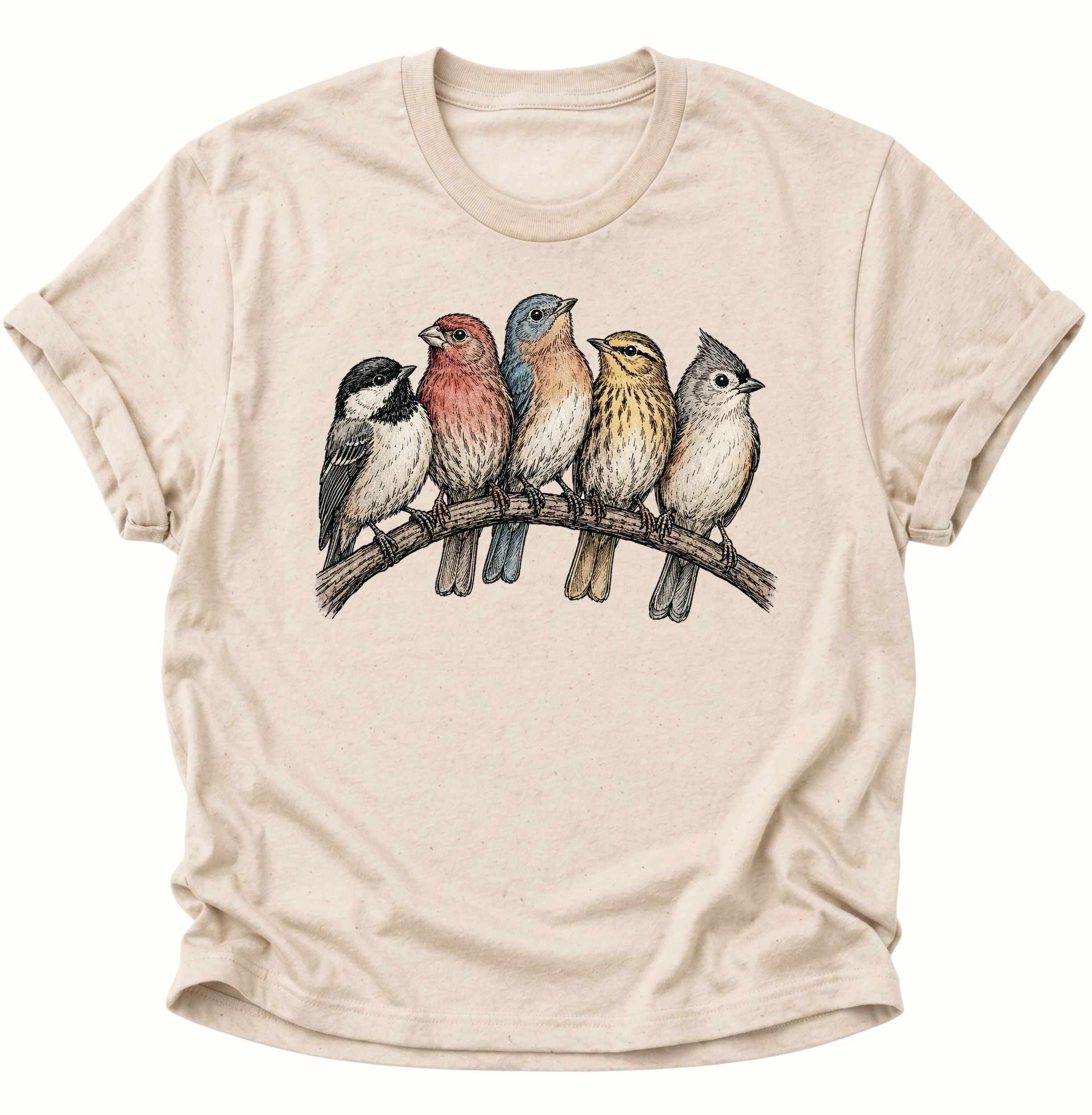 Nature farbenes Unisex T-Shirt mit fünf illustrierten Singvögeln für Vogelliebhaber von Pine & River.

