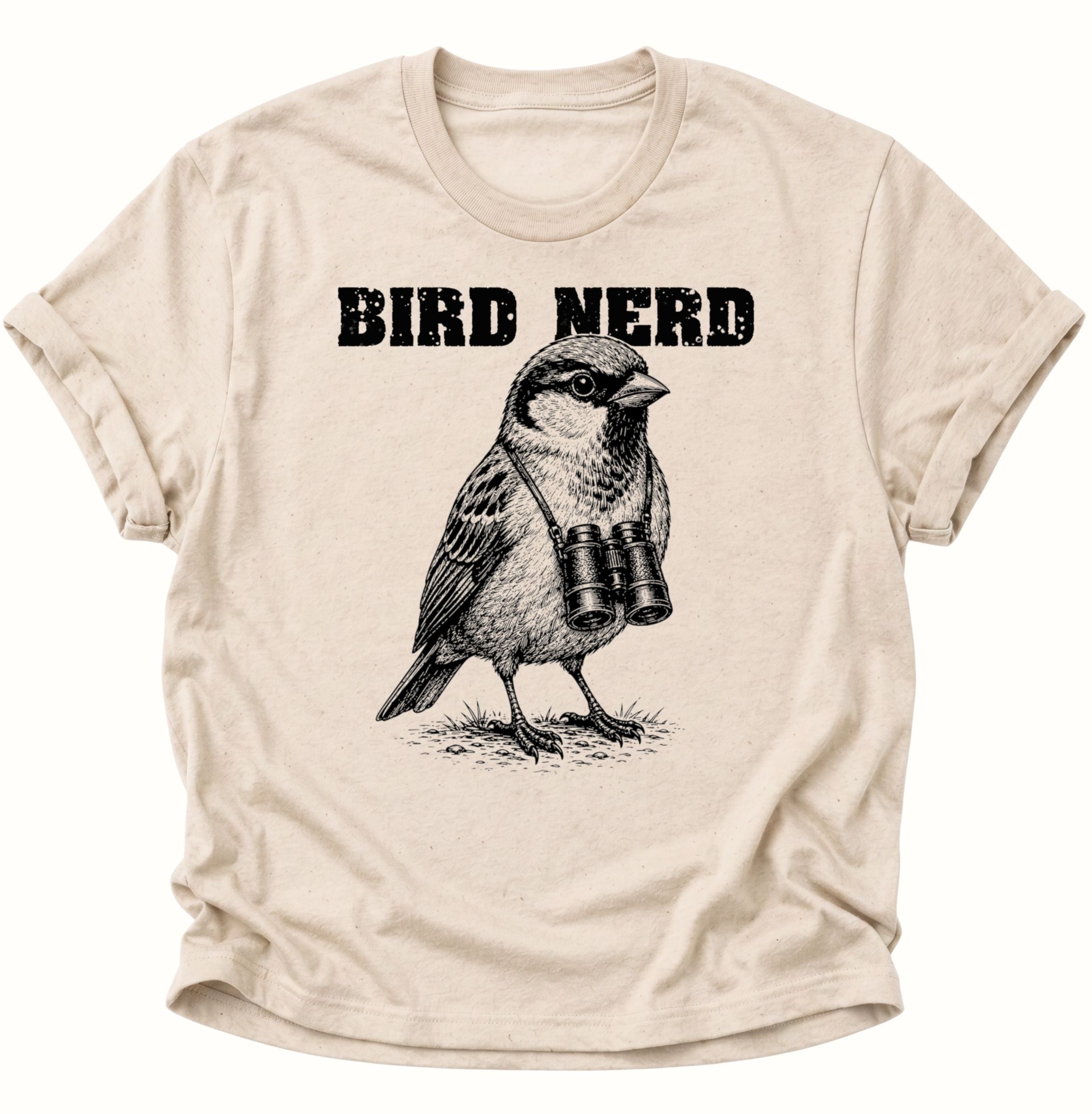 Nature farbenes Unisex T-Shirt mit naturkundlichem Vogel, Fernglas und „BIRD NERD“ von Pine & River.
