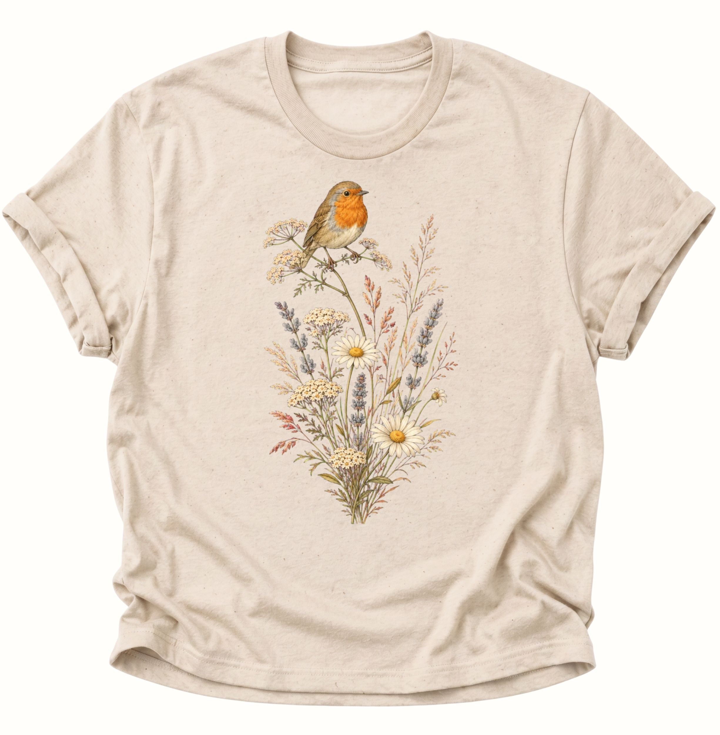 Nature farbenes Unisex T-Shirt mit Rotkehlchen auf einem botanischen Wildblumenmotiv von Pine & River.
