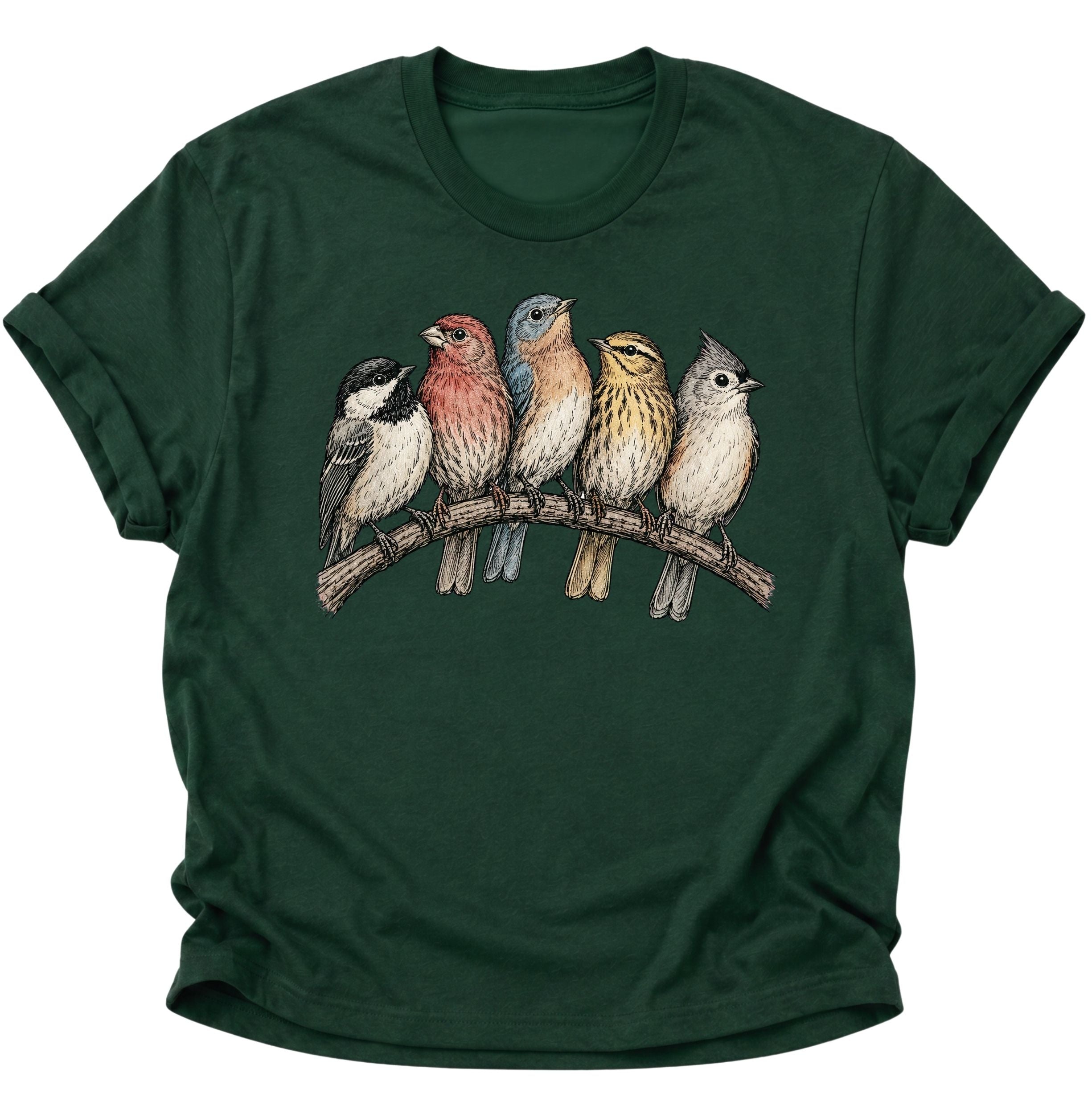 Forest Green Unisex T-Shirt mit fünf bunten Vögeln auf einem Ast im Vintage-Stil von Pine & River.
