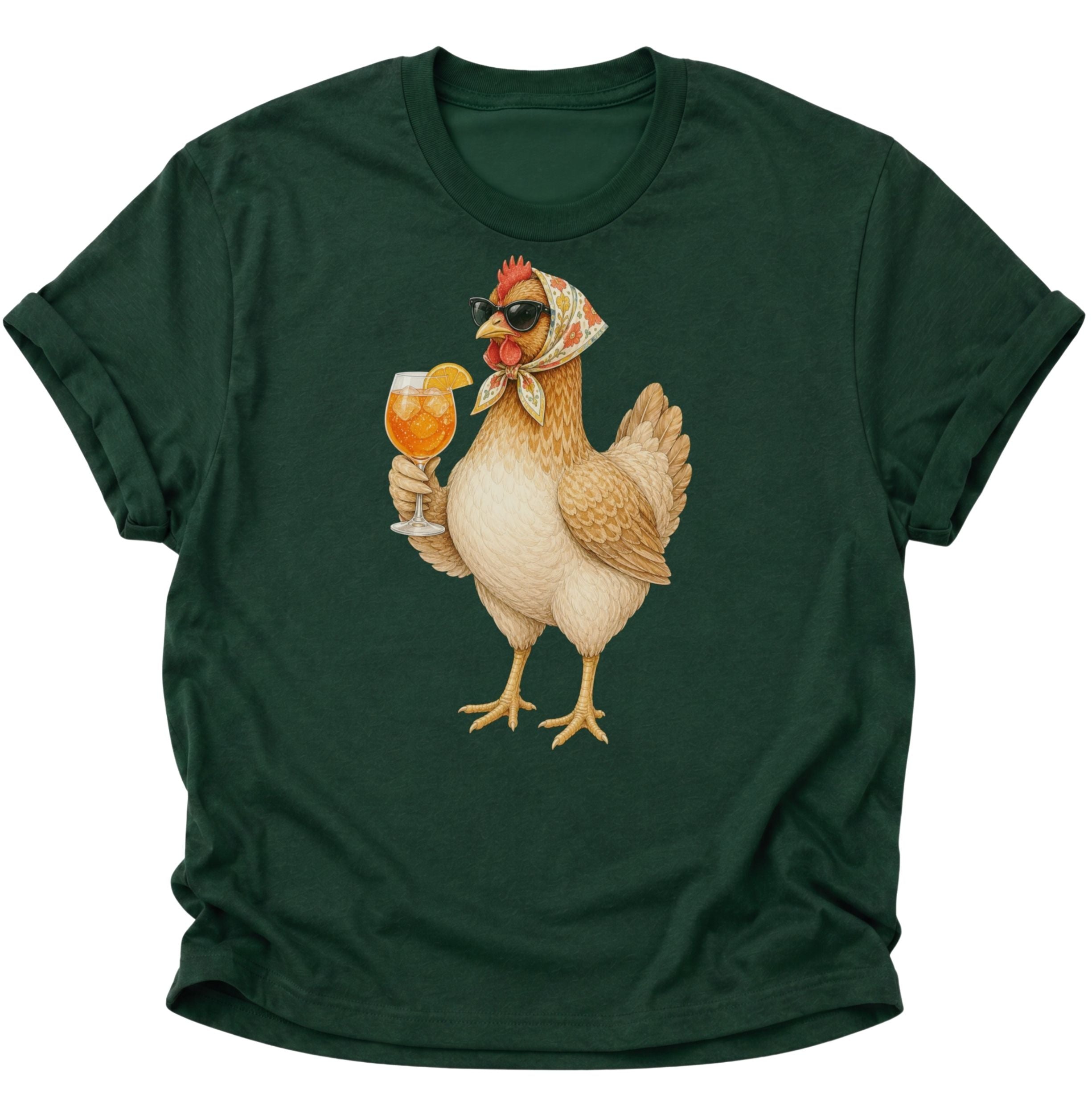 Forest Green Unisex T-Shirt mit sommerlichem Hühnermotiv, Sonnenbrille und orangefarbenem Getränk von Pine & River.
