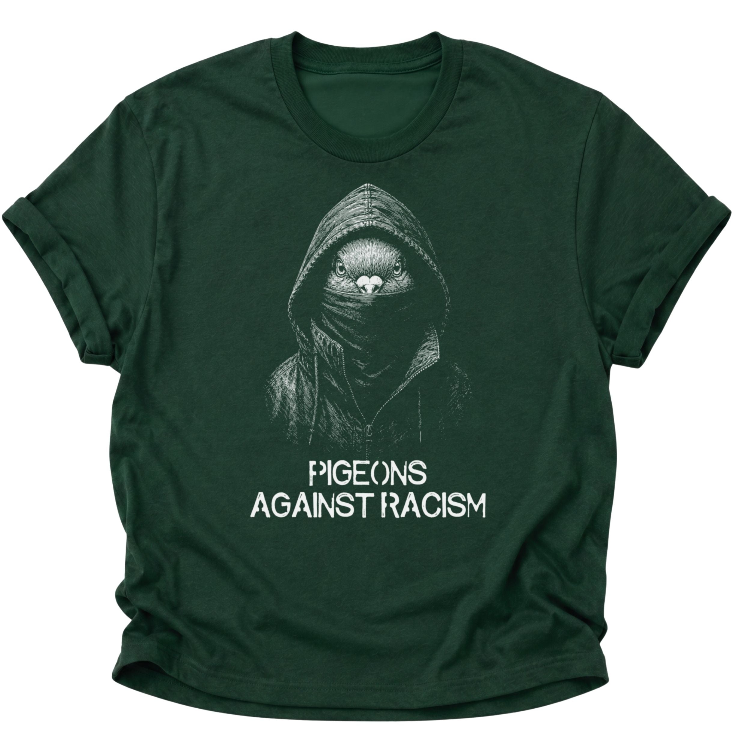 Forest Green Unisex T-Shirt mit Taube im Kapuzenlook und weißem Schriftzug von Pine & River.
