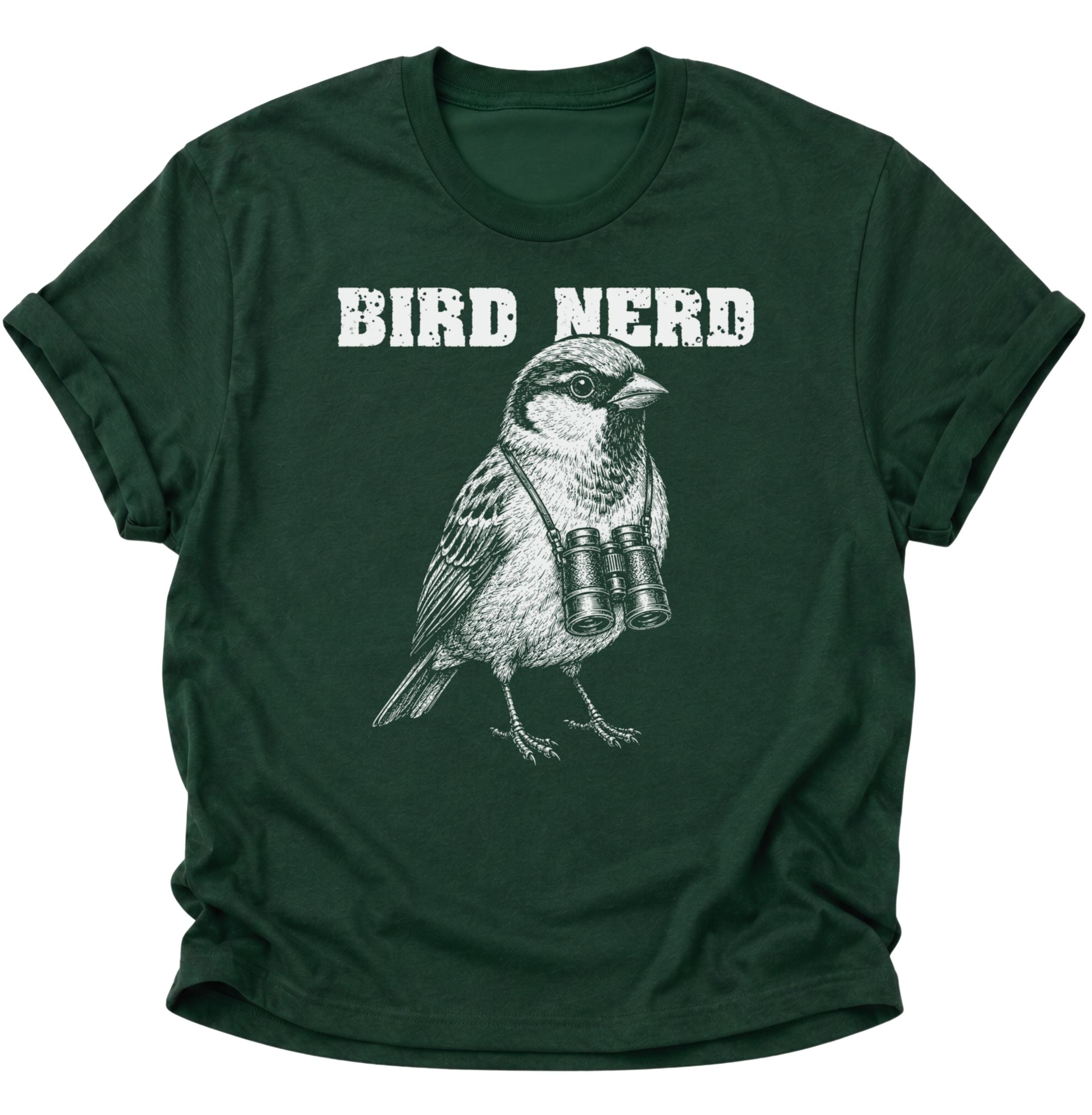 Forest Green Unisex T-Shirt mit Vogelmotiv, Fernglas und großem Schriftzug „BIRD NERD“ von Pine & River.
