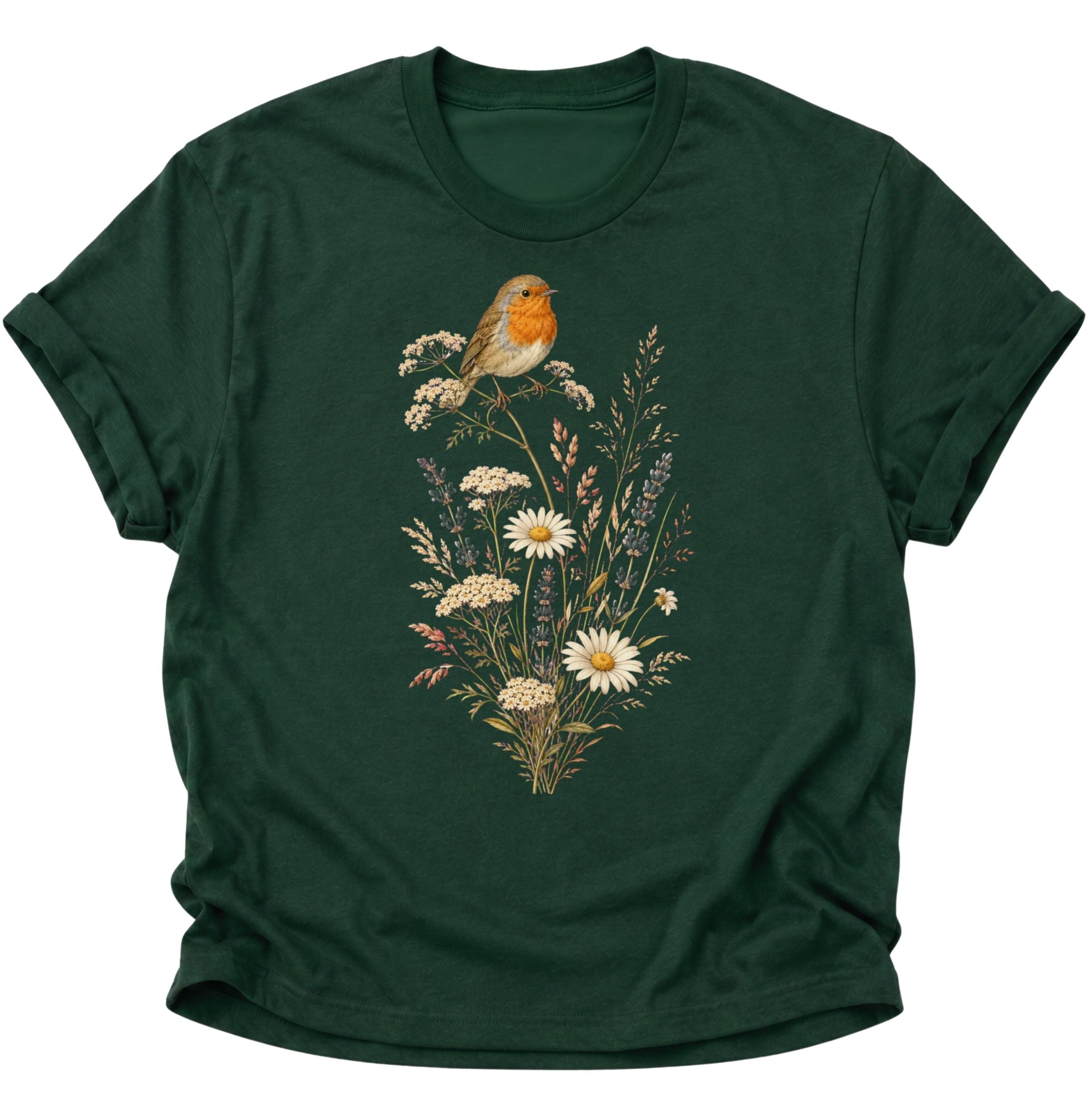 Forest Green Unisex T-Shirt mit naturgetreuem Rotkehlchen und lockerem Wildblumenstrauß von Pine & River.
