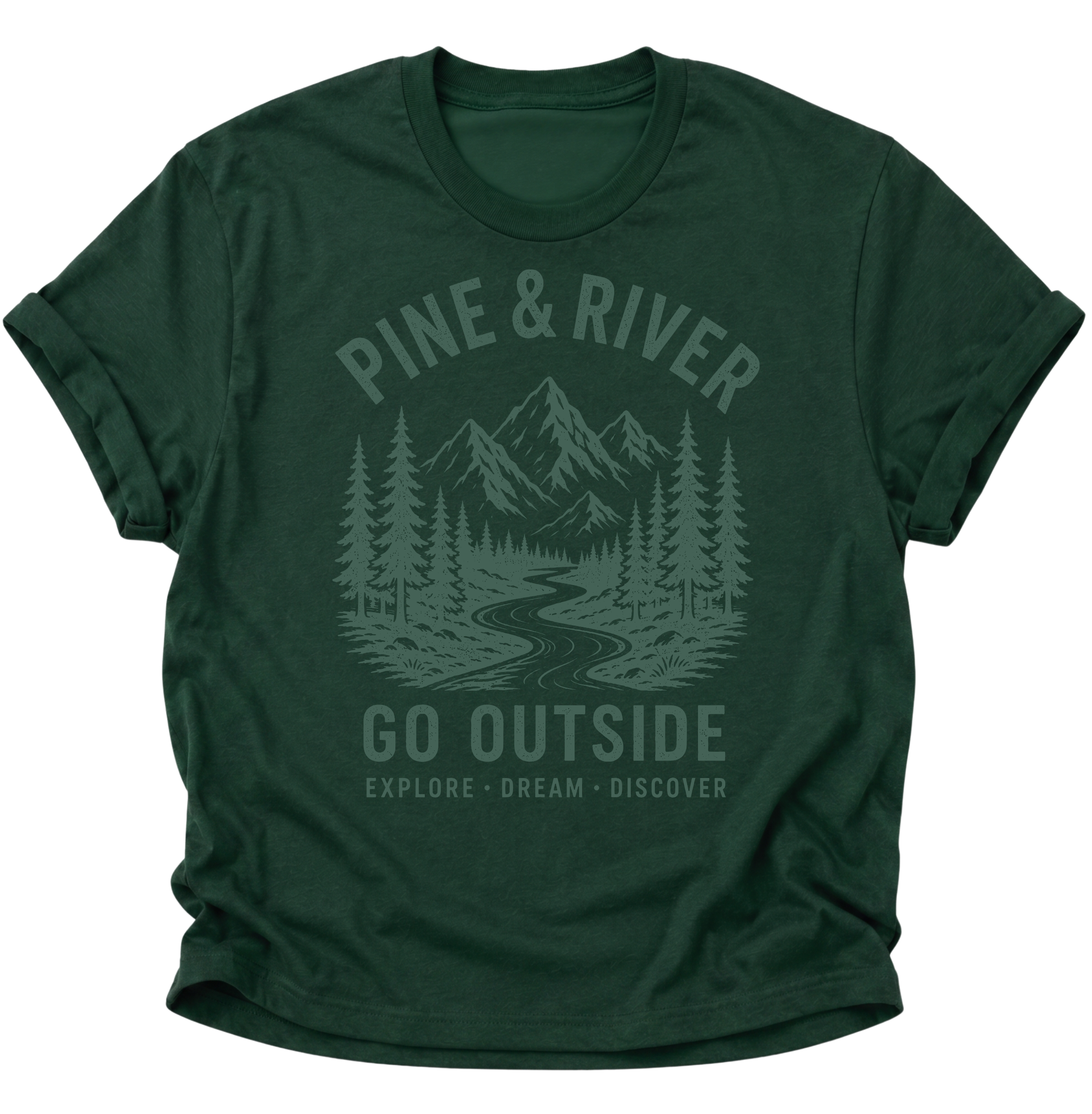 Unisex T-Shirt in Forest Green mit nostalgischer Berglandschaft für Outdoor-Abenteuer von Pine & River.
