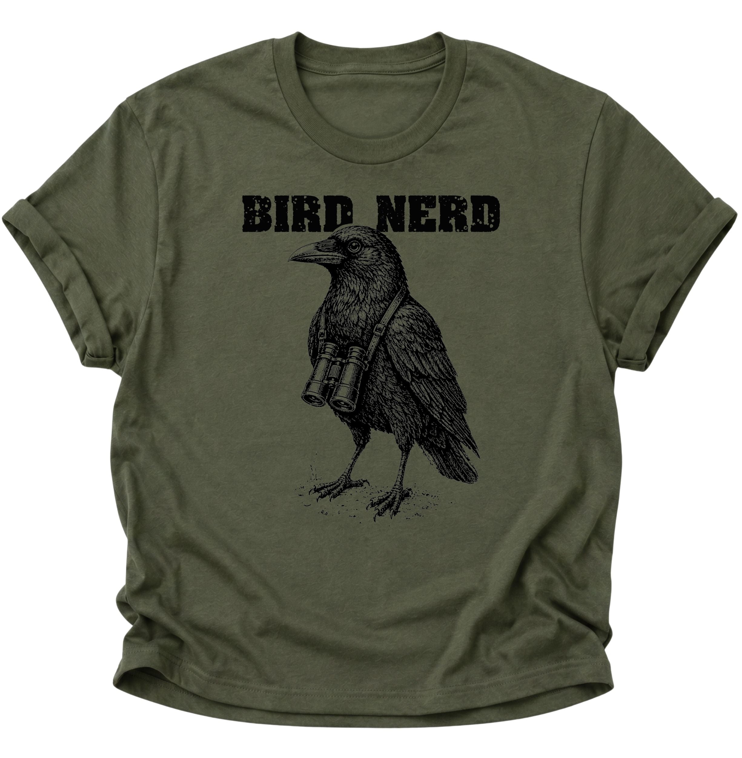Military Green Unisex T-Shirt mit Vintage-Rabenvogel und Fernglas für Birding-Fans von Pine & River.
