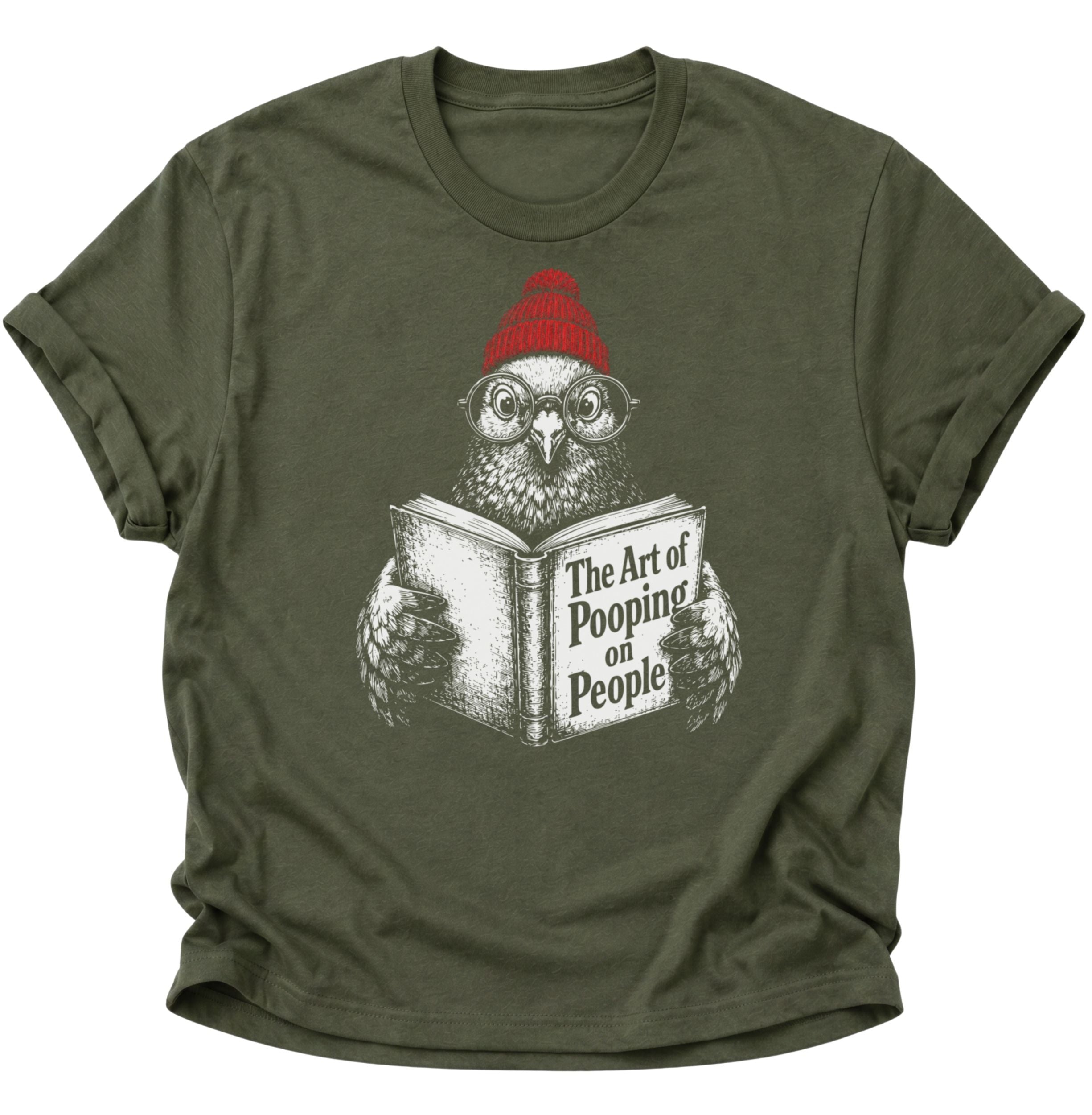 Military Green Unisex T-Shirt mit Vogel, Brille und dem Buch „The Art of Pooping on People“ von Pine & River.
