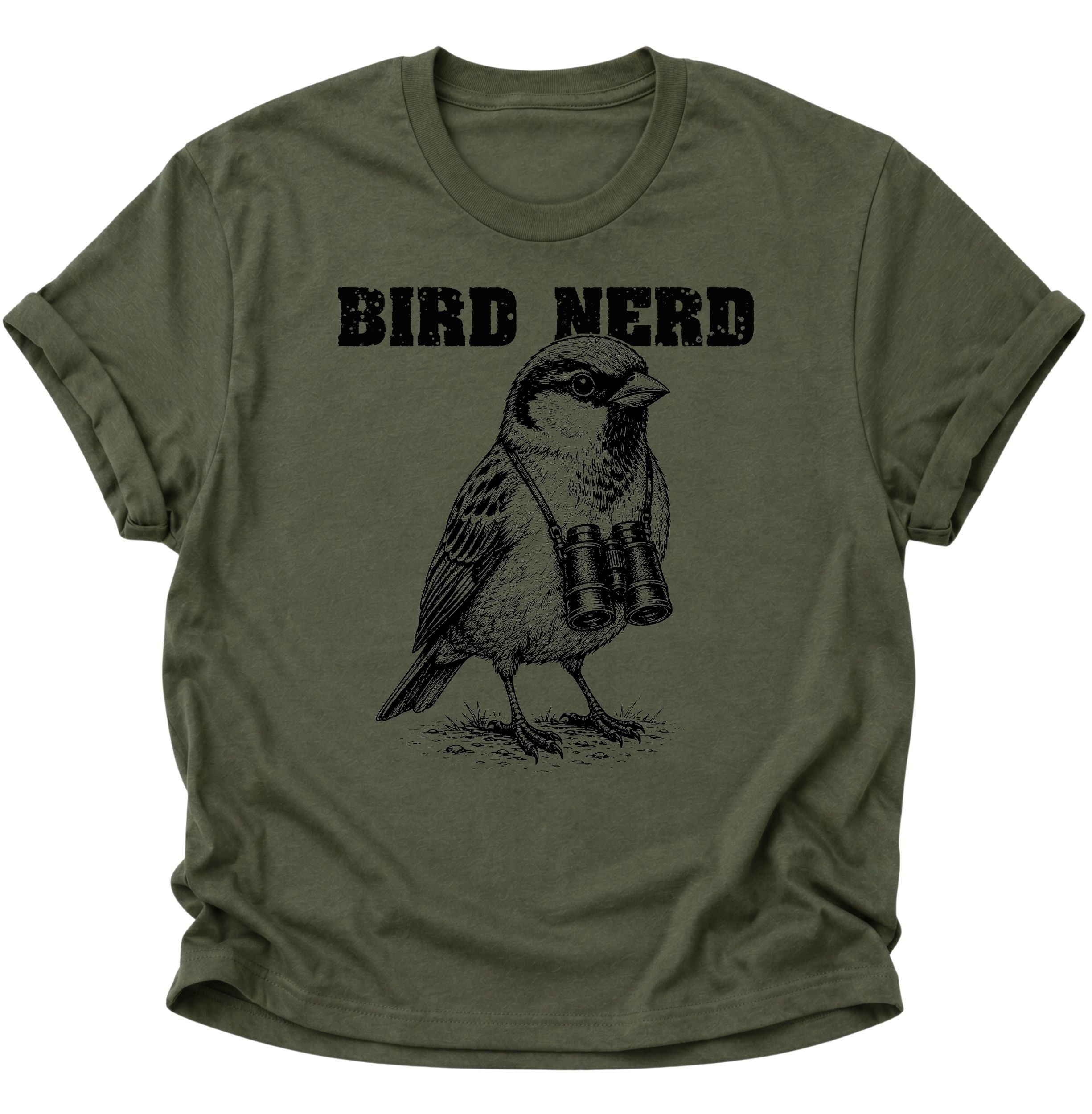 Military Green Unisex T-Shirt mit Vintage-Vogelillustration und umgehängtem Fernglas von Pine & River.
