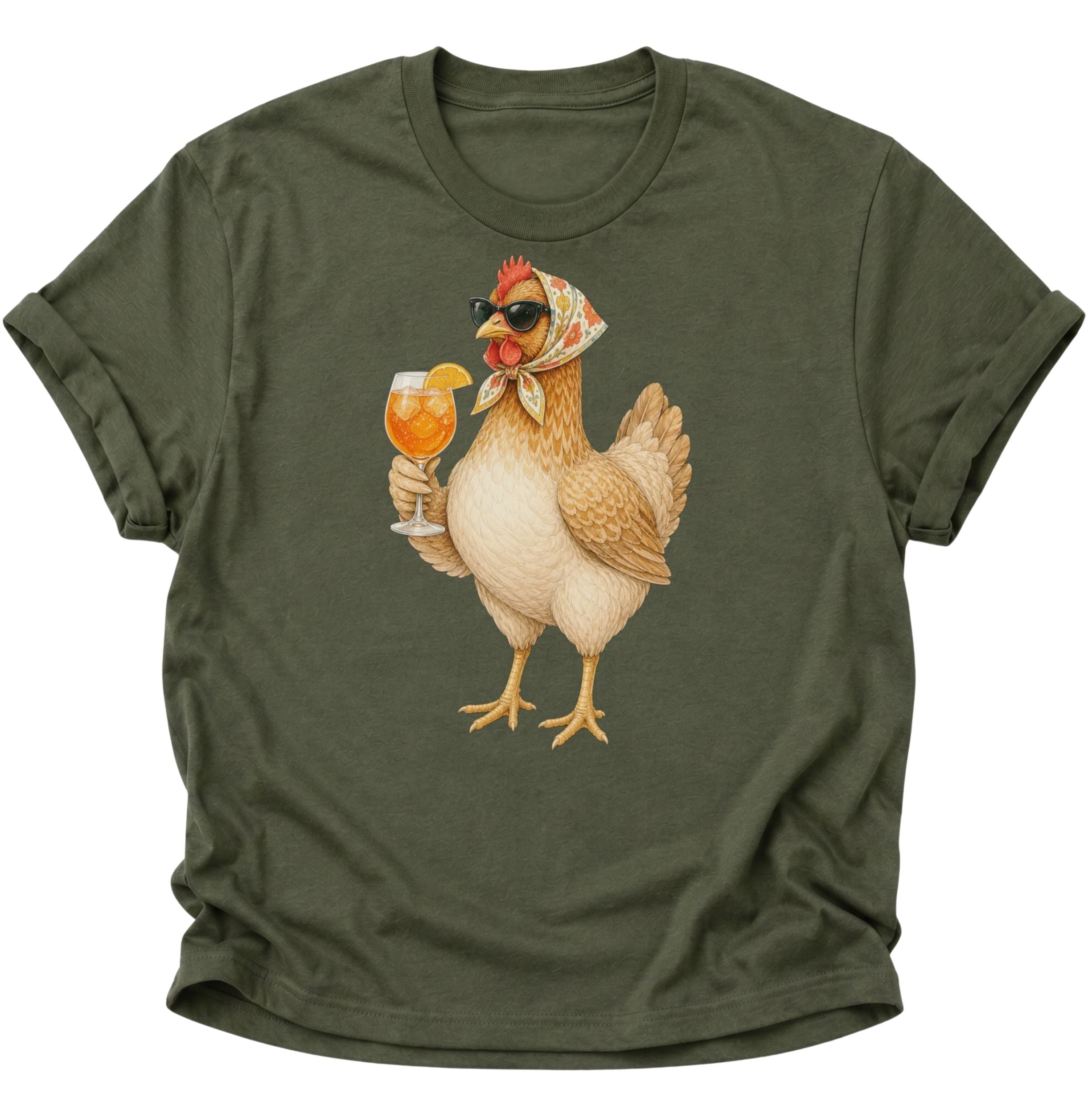 Military Green Unisex T-Shirt mit Henne im floralen Kopftuch und Cocktailglas mit Orangenscheibe von Pine & River.

