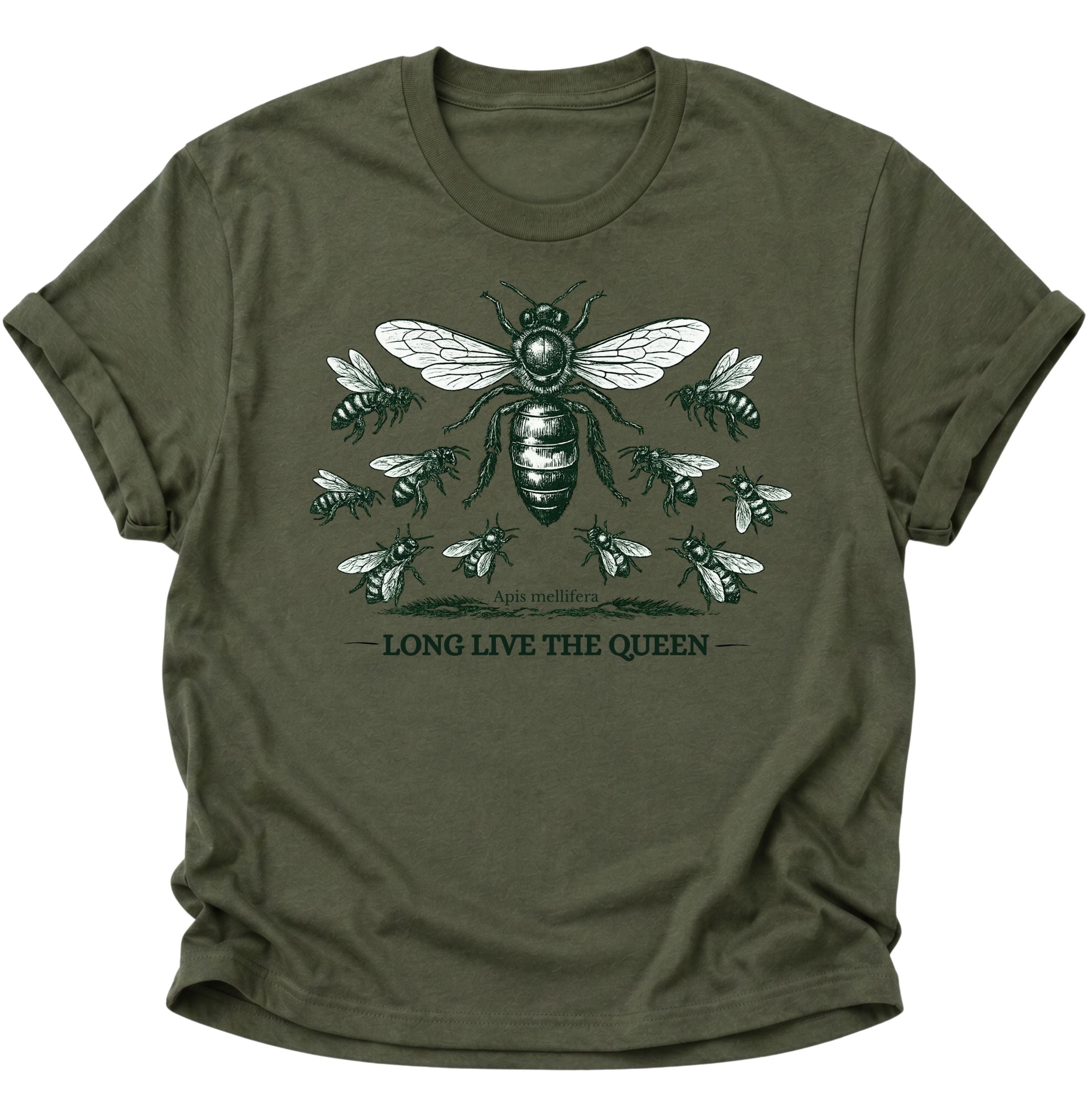 Military Green Unisex T-Shirt mit Bienenkönigin und symmetrisch angeordneten Honigbienen von Pine & River.
