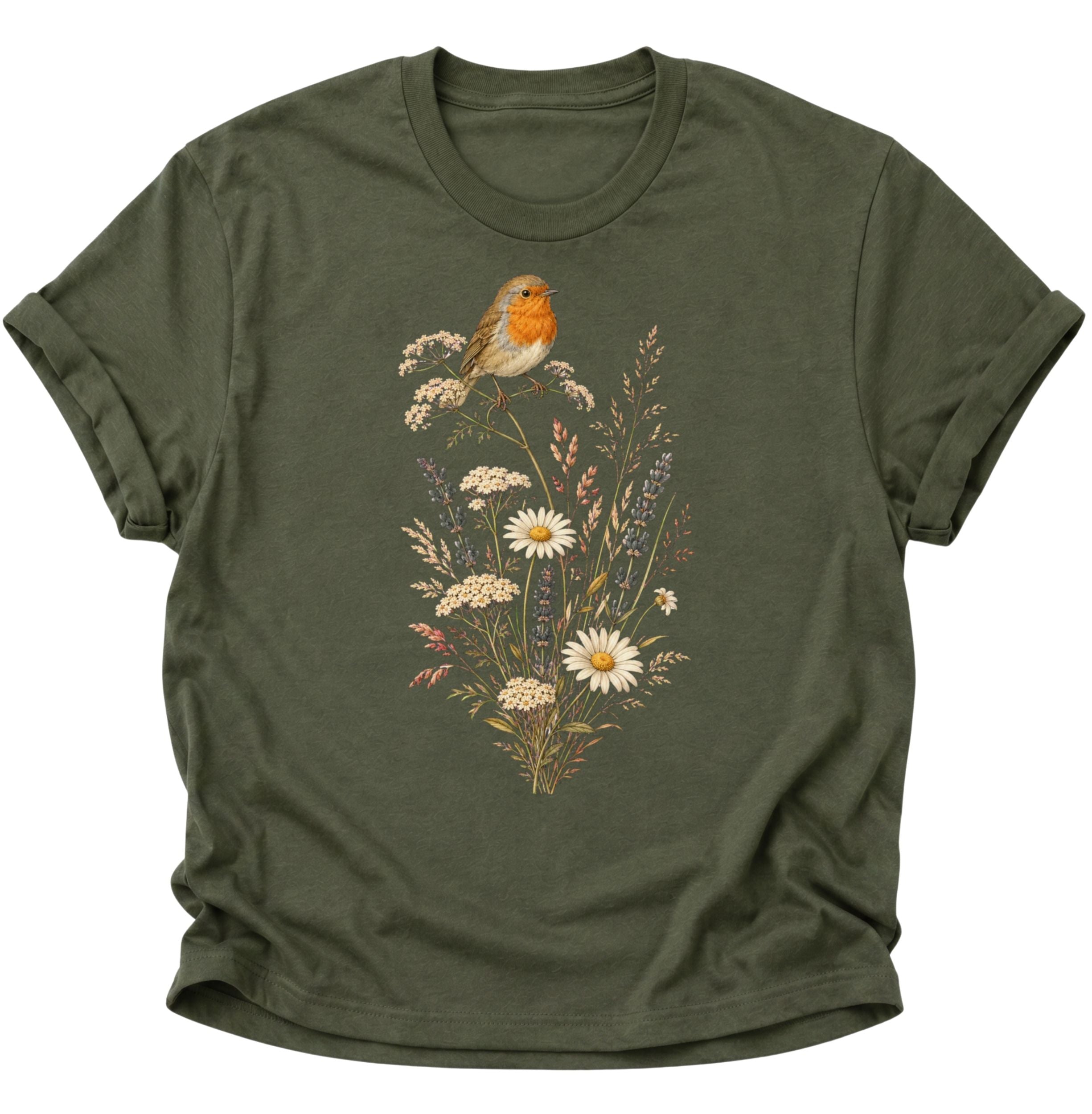 Military Green Unisex T-Shirt mit Rotkehlchen auf zarten Blüten und Gräsern von Pine & River.
