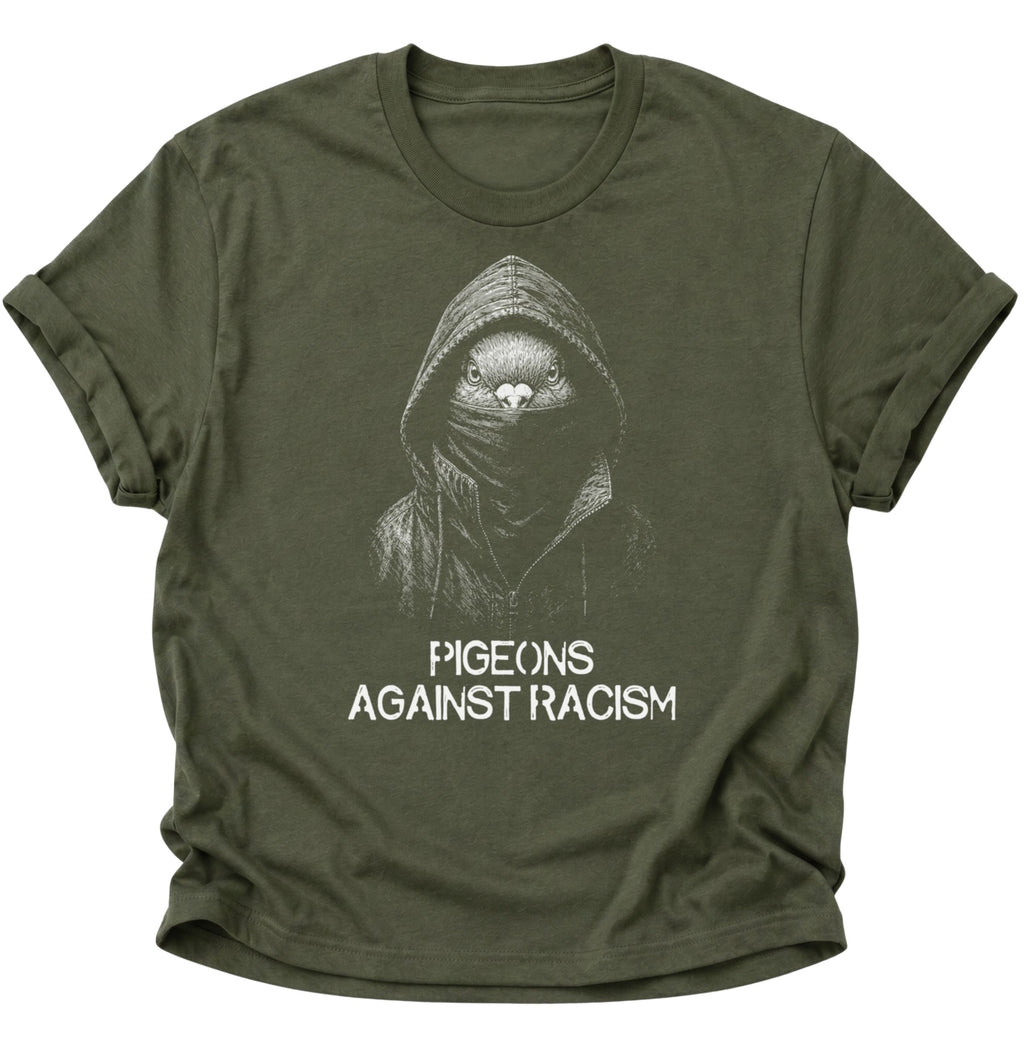Military Green Unisex T-Shirt mit vermummter Taube und Statement gegen Rassismus von Pine & River.

