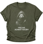 Military Green Unisex T-Shirt mit vermummter Taube und Statement gegen Rassismus von Pine & River.
