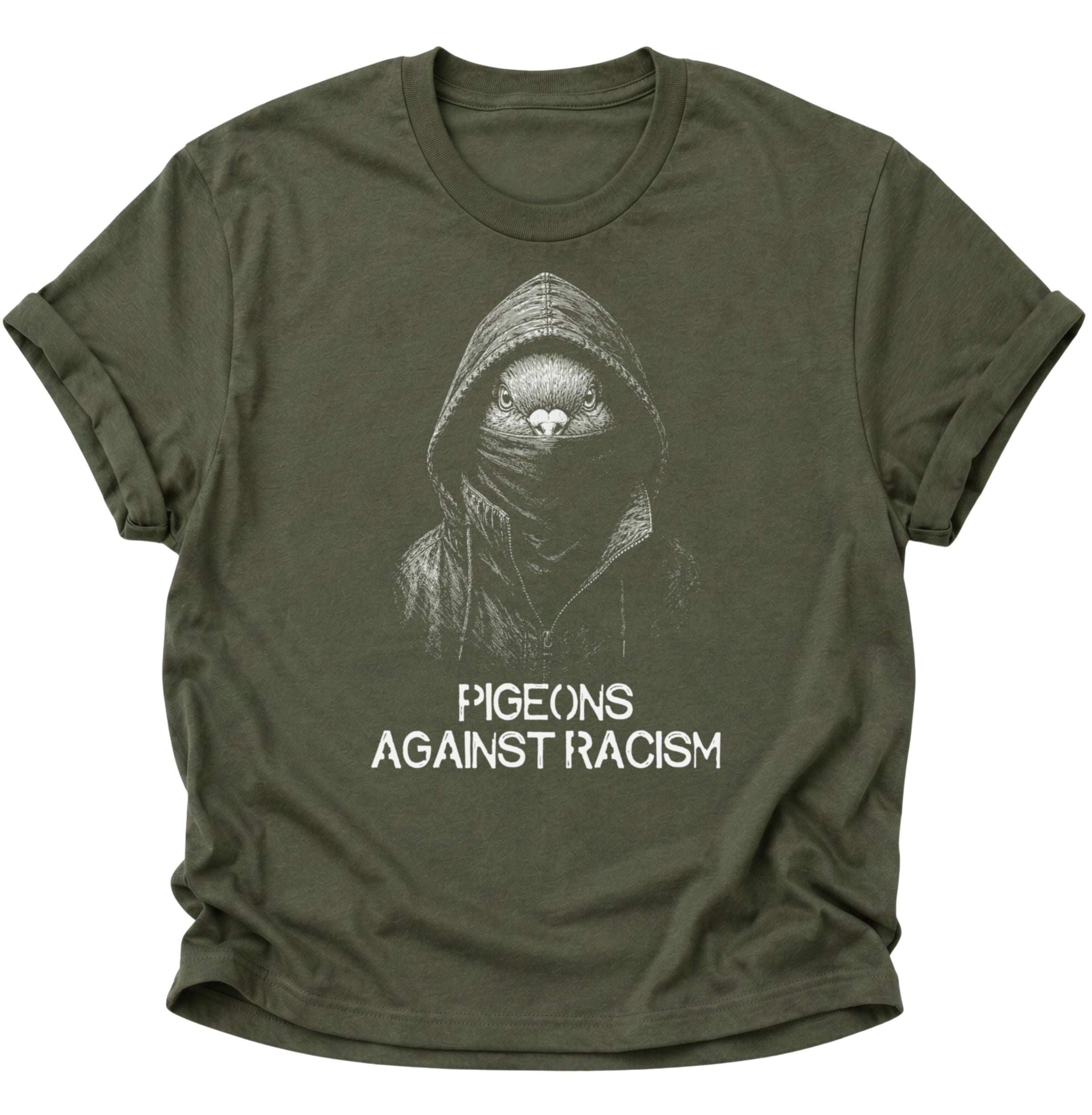 Military Green Unisex T-Shirt mit vermummter Taube und Statement gegen Rassismus von Pine & River.
