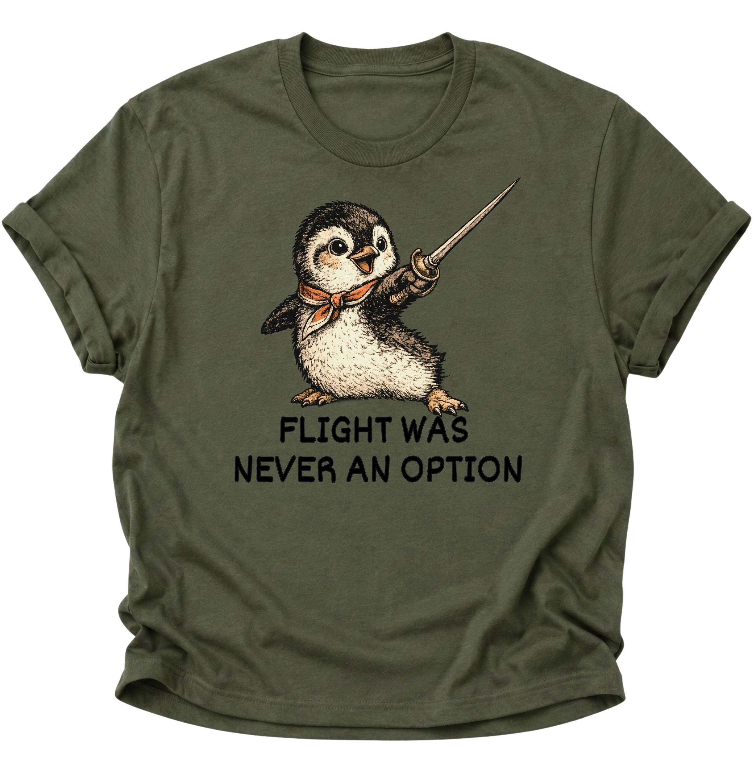 Military Green Unisex T-Shirt mit Pinguin als mutigem Degenkämpfer und Tiermotiv.
