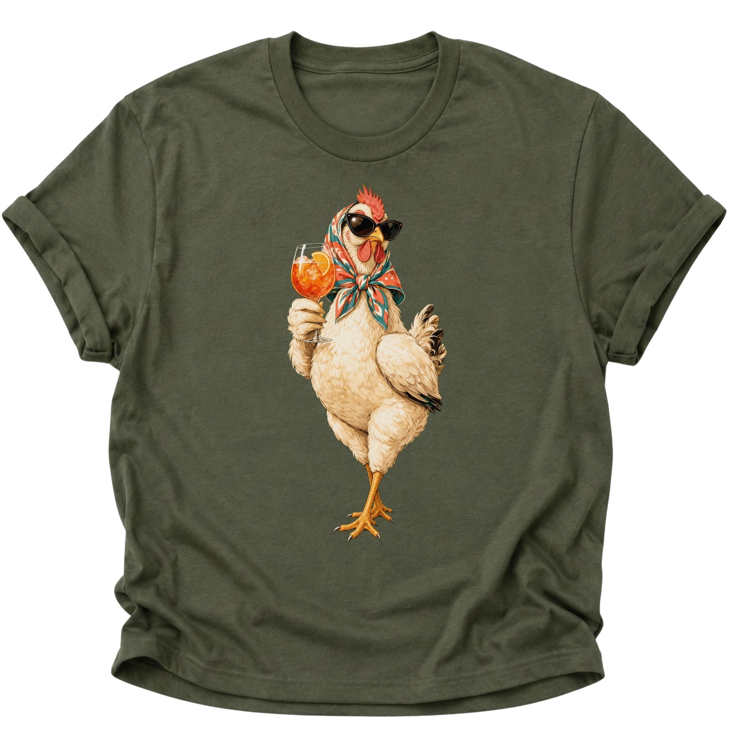 Military Green Unisex T-Shirt mit lässiger Henne, Kopftuch und Cocktailglas mit Eiswürfeln von Pine & River.
