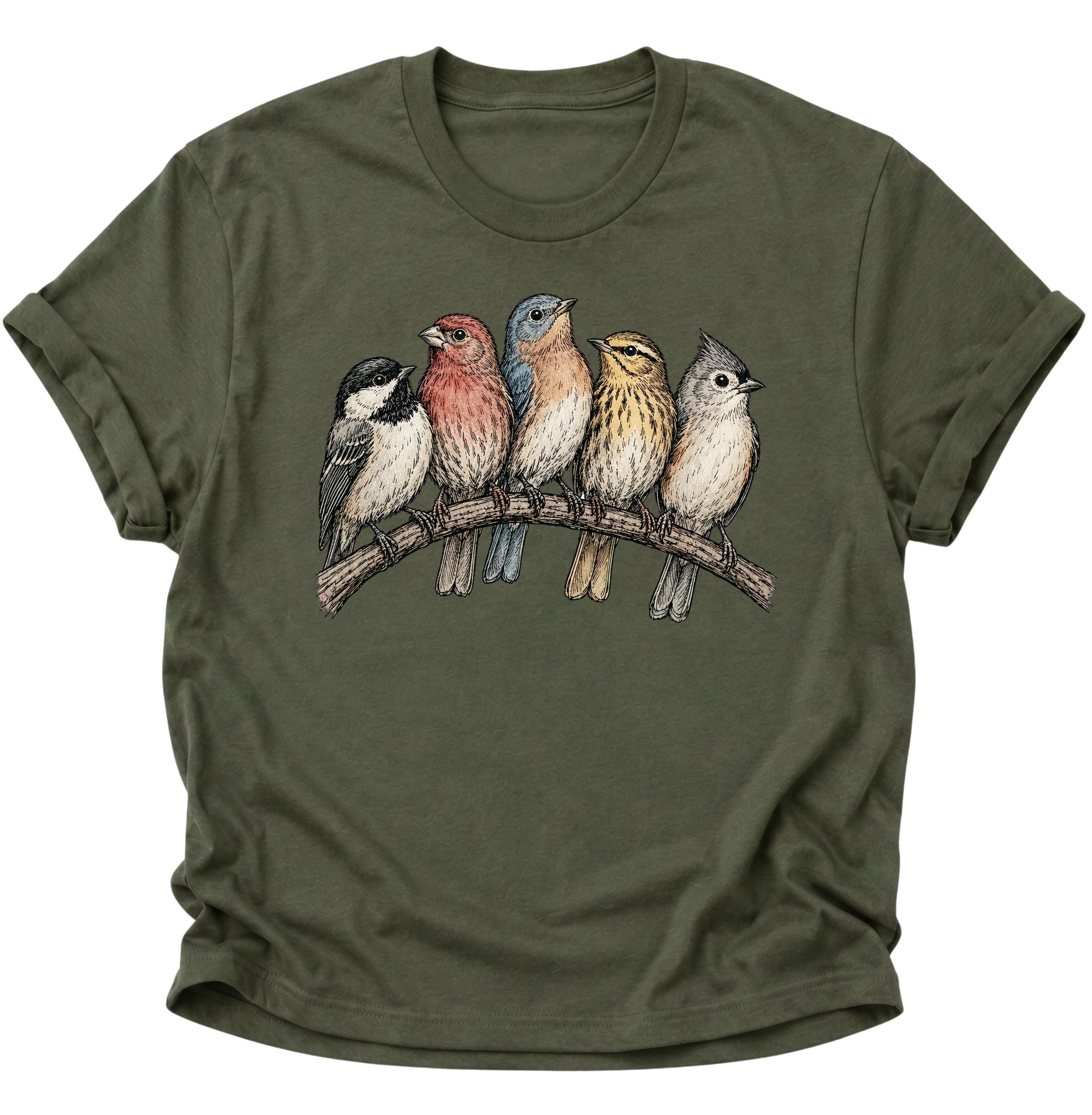 Military Green Unisex T-Shirt mit detailreichem Vogelmotiv für Naturfans von Pine & River.
