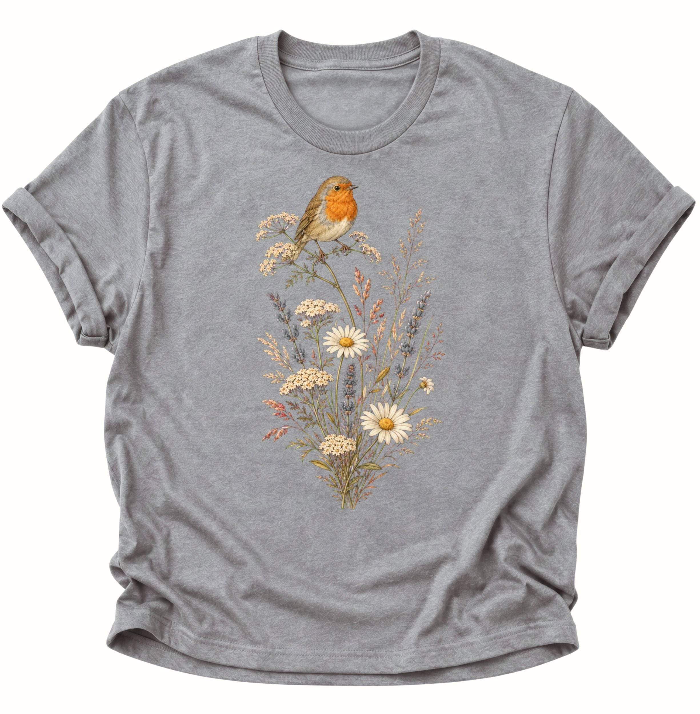Sport Grey Unisex T-Shirt mit Rotkehlchen und detailreicher Wildblumenillustration von Pine & River.
