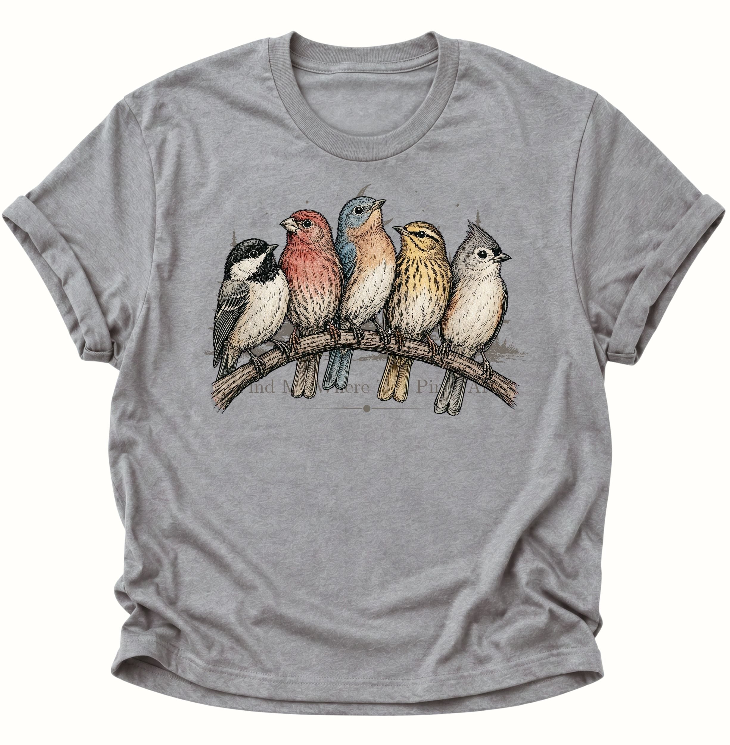 Sport Grey Unisex T-Shirt mit fünf Singvögeln in natürlichen Farben auf einem Ast von Pine & River.
