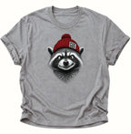 Sport Grey T-Shirt gegen Nazis mit frechem Waschbär, roter Bommelmütze und schwarz-weißem Motiv
