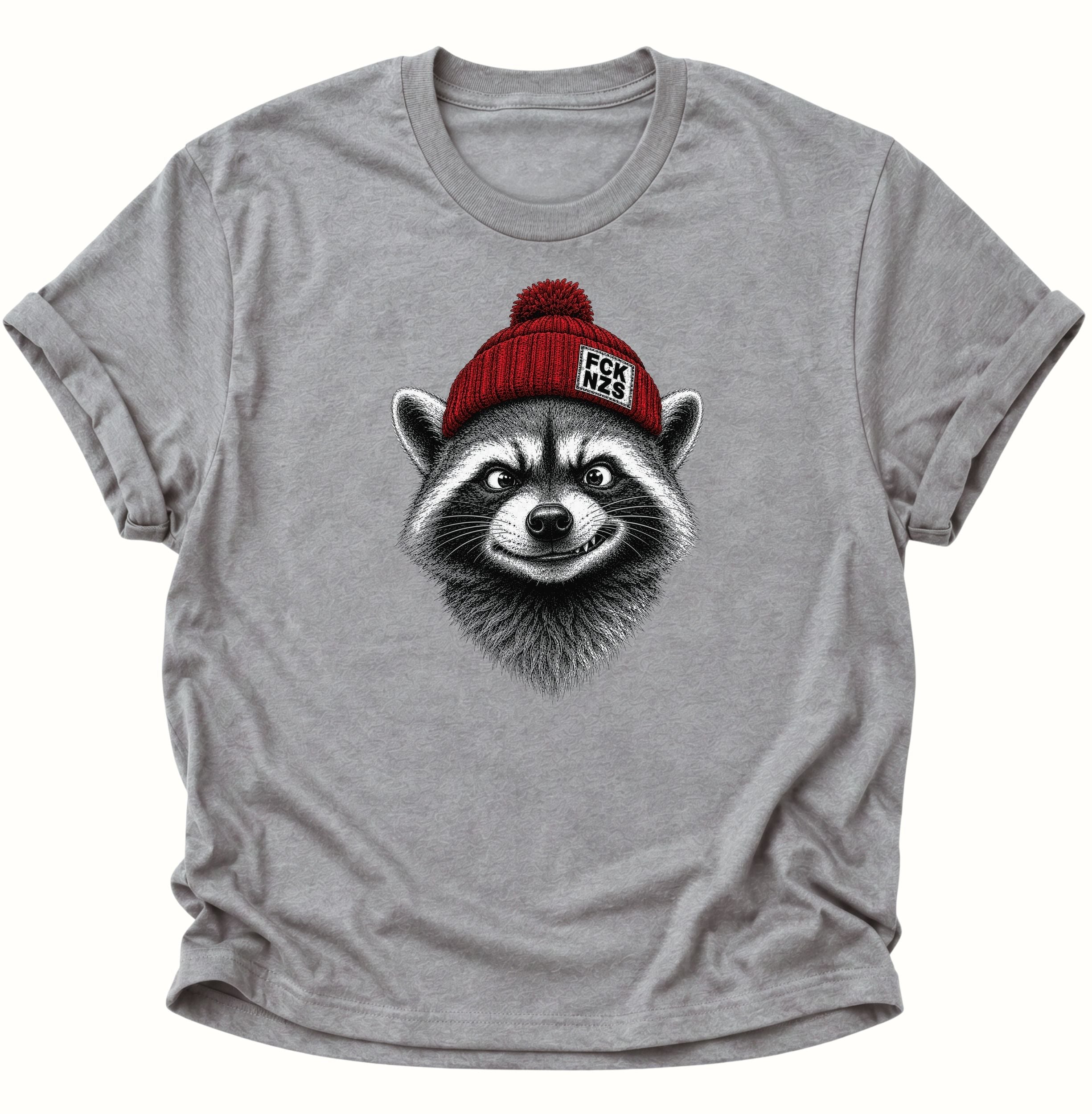 Sport Grey T-Shirt gegen Nazis mit frechem Waschbär, roter Bommelmütze und schwarz-weißem Motiv
