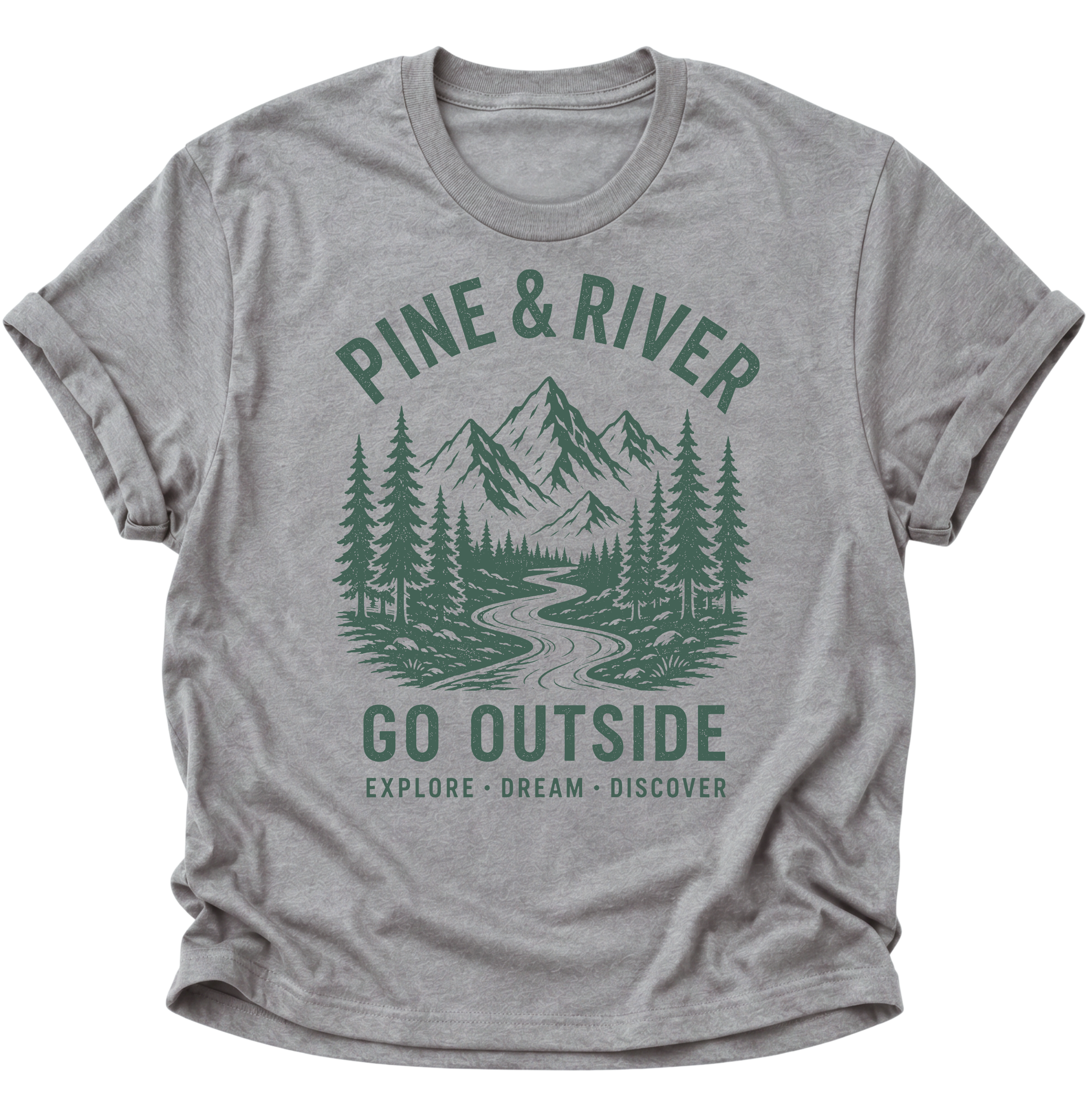 Unisex T-Shirt in Sport Grey mit Bergpanorama und Waldmotiv für Campingfans von Pine & River.
